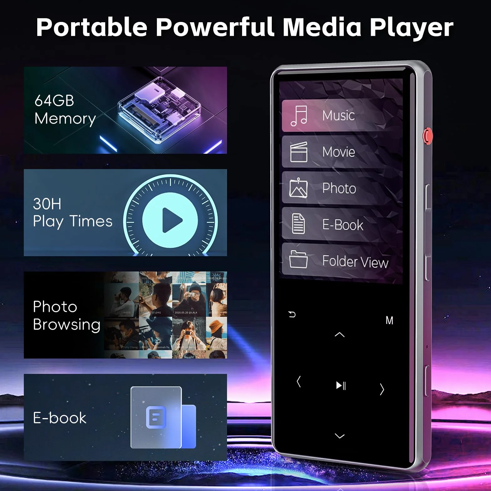 HIFI WALKER Odtwarzacz MP3 M7 – 128 GB, Bluetooth 5.0, ekran dotykowy 2,4 cala, odtwarzacz muzyczny z głośnikiem, mini rejestrator głosu ze słuchawkami, przyciskami dotykowymi, przeglądarką zdjęć