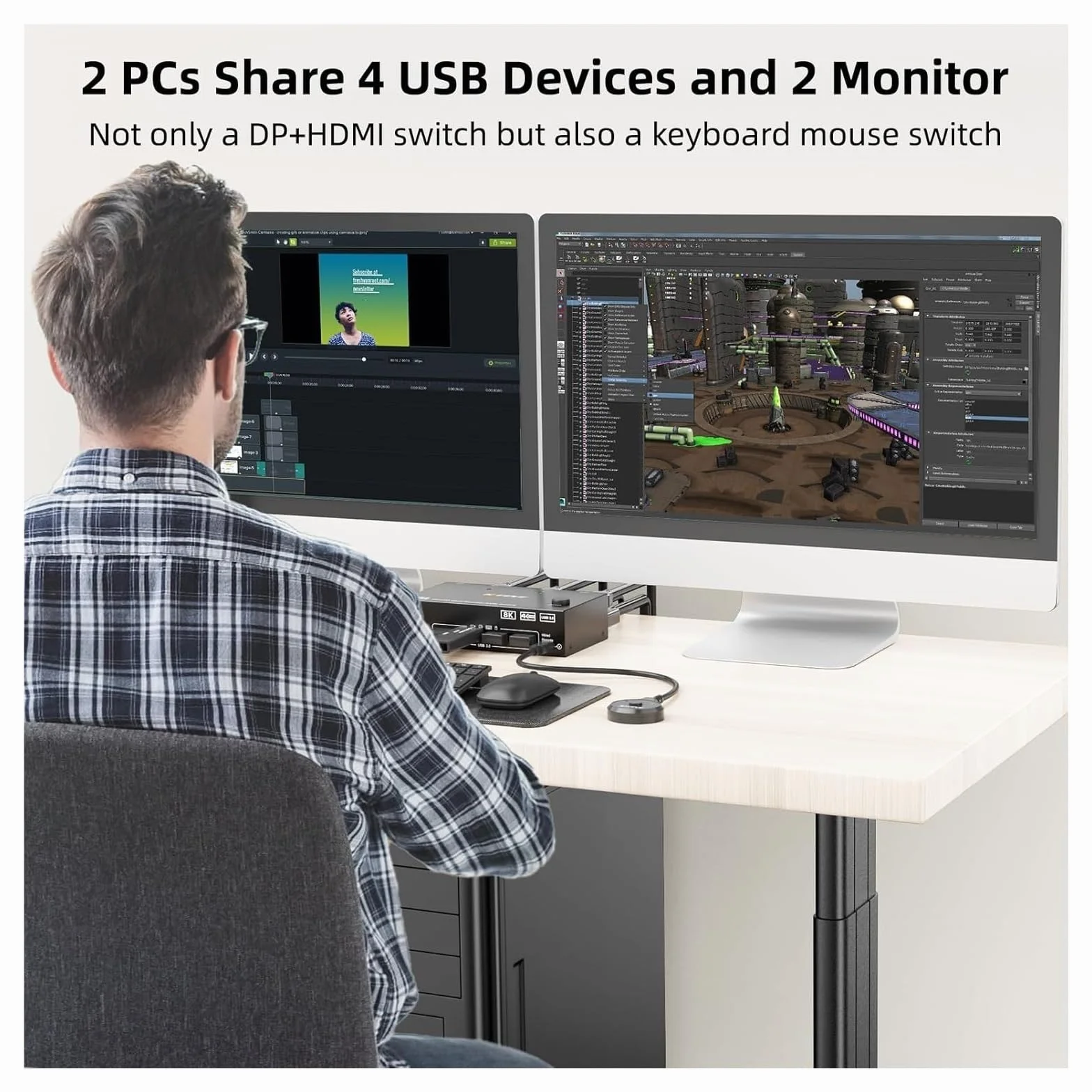 Konwertery wideo, Przełącznik KVM 4K@144Hz 2 monitory 2 komputery 8K@60Hz, KCEVE i Displayport Przełącznik KVM na dwa monitory z 4 portami USB 3.0