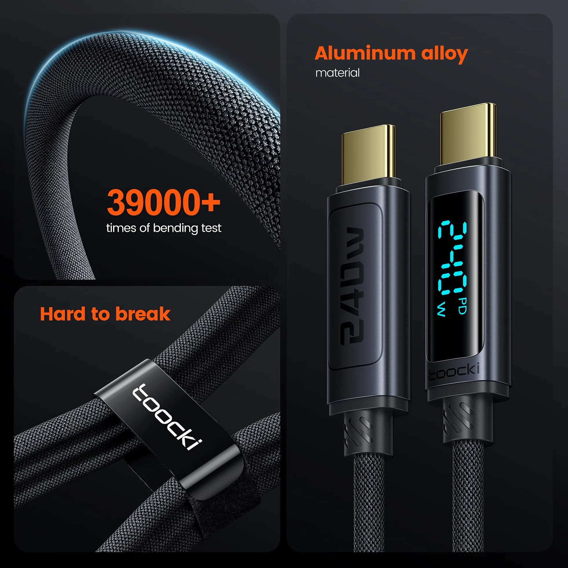 toocki Kabel USB-C 1M 240W z LED. Kompat. z iPhone 16/15 Pro Max, iPad Pro, Galaxy S24/S23, Switch, MacBook Air, Pixel.