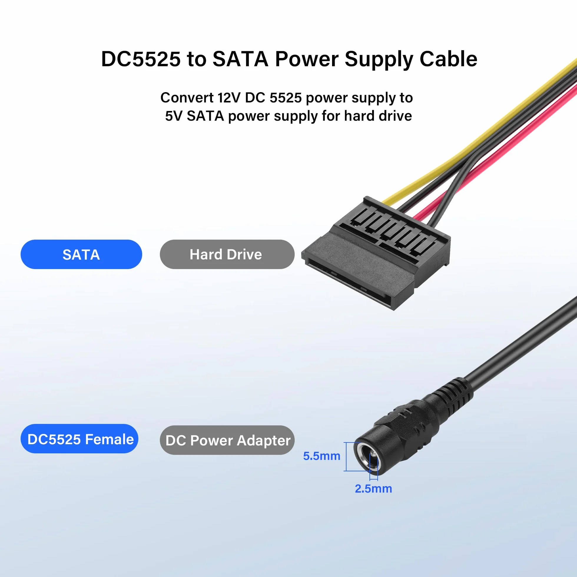 SinLoon DC5525 do SATA IDE kabel zasilający dysk twardy DC 5,5 x 2,5 mm żeński do żeńskiego kabla przedłużającego SATA z regulatorem napięcia obniżającego (1 do 4)