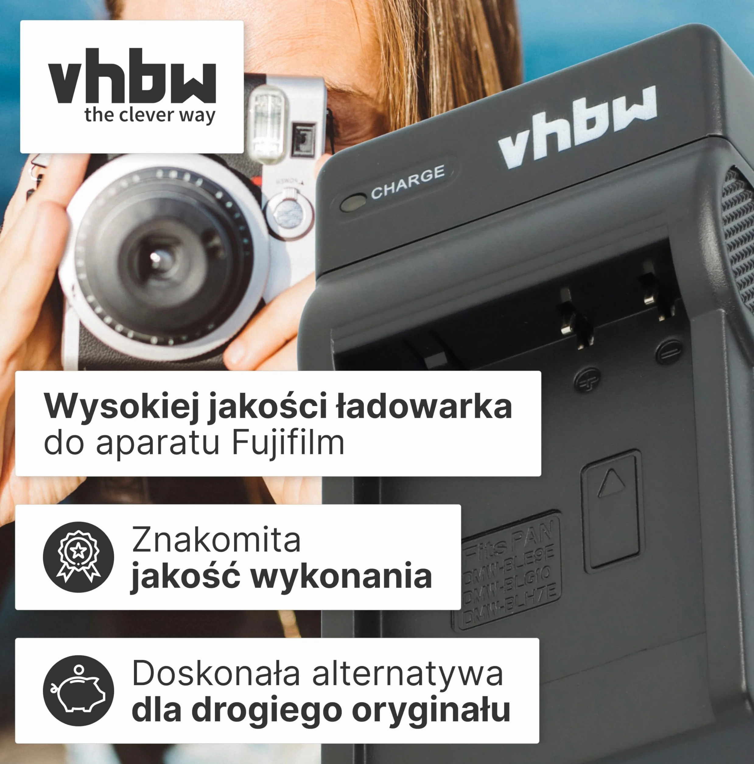 vhbw Ładowarka kompatybilna z Fujifilm Instax 90 Mini Neo Classic, kamerą, baterią, stacją ładującą, wskaźnikiem poziomu naładowania