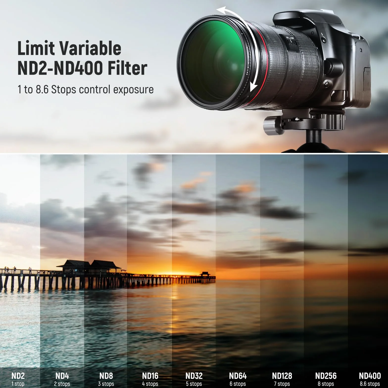 NEEWER 72 mm True Color Variable ND2-ND400 filtr, twarde ograniczniki, regulowany filtr VND o neutralnej gęstości, z wielowarstwowym szkłem optycznym HD, aluminiową ramą, wodoodpornym, odpornym na