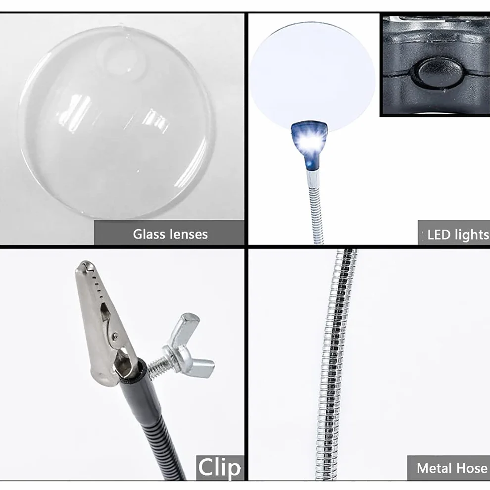 Lupa do czytania Lampa z lupą Biurkowa lupa do czytania z podświetleniem LED Obiektyw 65 mm ze stojakiem Regulowany metalowy wąż Szkło powiększające Ciepłe życie