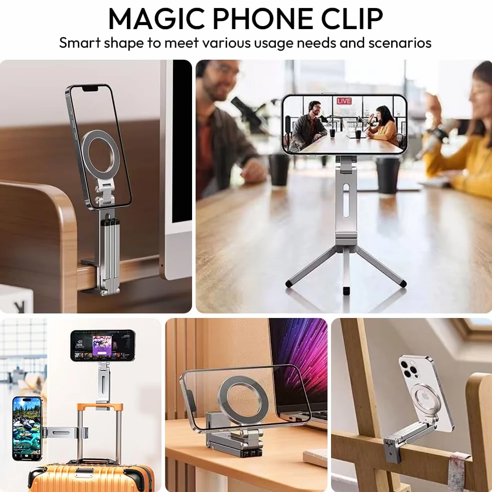 Magnetyczny statyw do telefonu komórkowego 3 w 1, mini kijek do selfie, aluminiowy, składany tripod, statyw do selfie, kompatybilny z iPhone 16, 15, 14, 13, 12, Magsafe, Sumsung, czarny (srebrny)