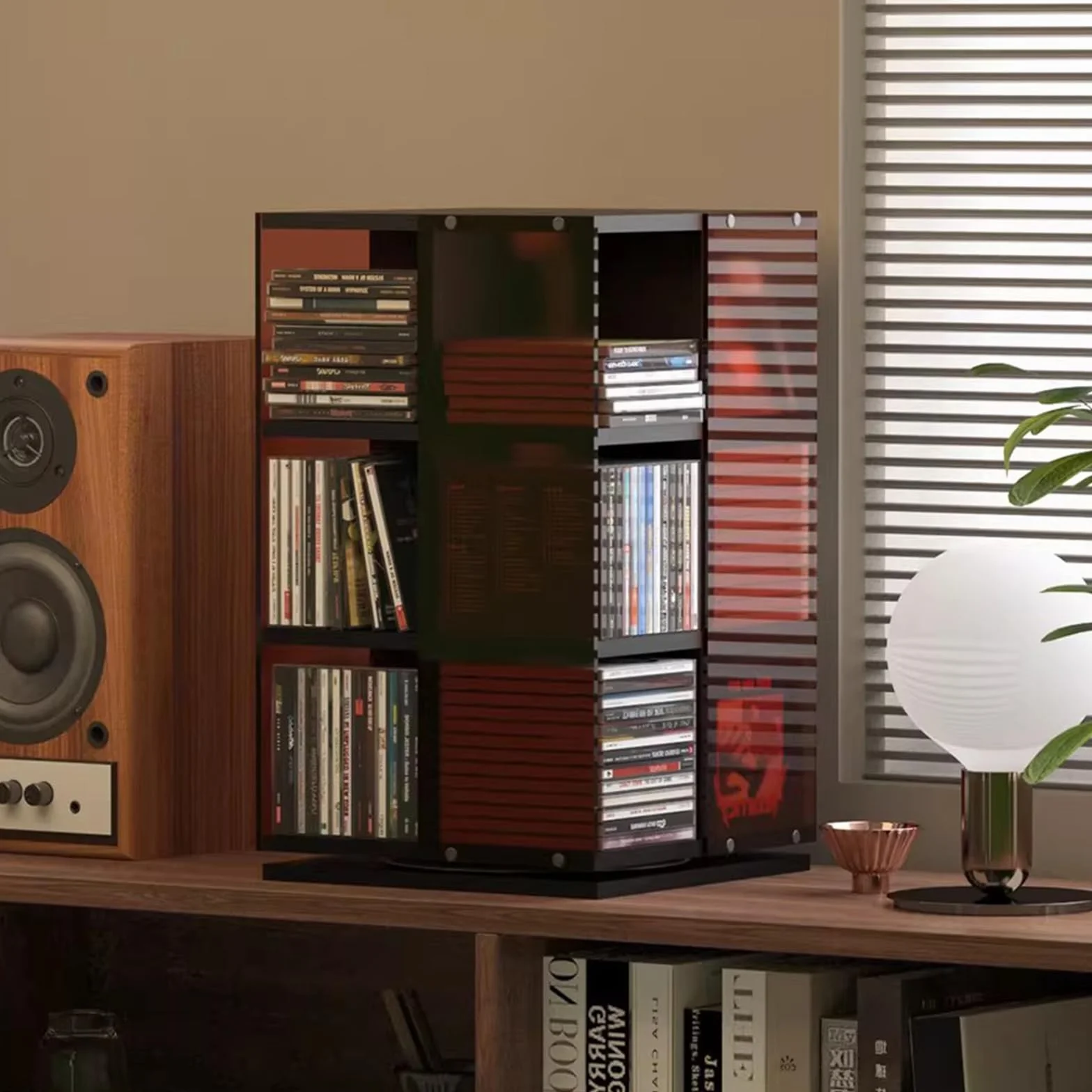 Stojak do przechowywania płyt CD, 3-poziomowa wieża multimedialna, pomieści 120 dysków, obrotowa podstawa o 360°, na DVD, książki, czasopisma