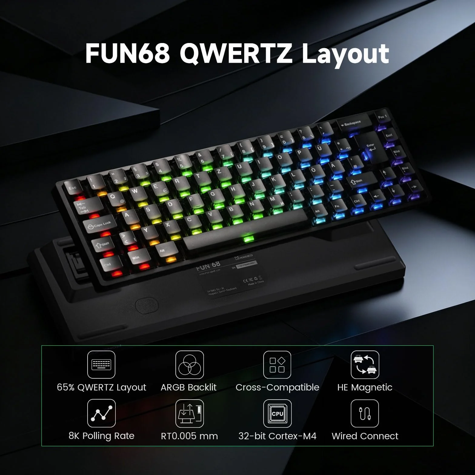 MONSGEEK FUN68 HE Klawiatura gamingowa, układ QWERTZ-ISO-DE, przełącznik efektu Halla, przewodowa klawiatura RGB 65%, RT 0,005 mm, częstotliwość próbkowania 8000 Hz, regulowana siła wyzwalania