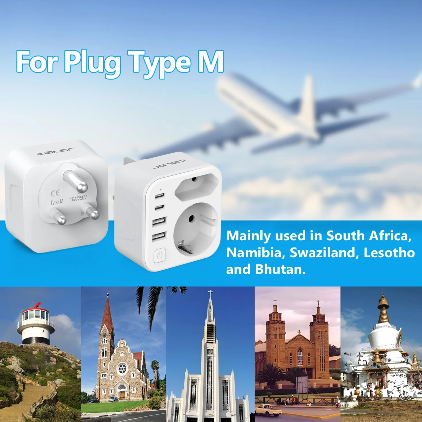Adapter podróżny do Republiki Południowej Afryki, 2 wtyczki typu M z 2 USB i 2 USB C, 3,4 A 17 W