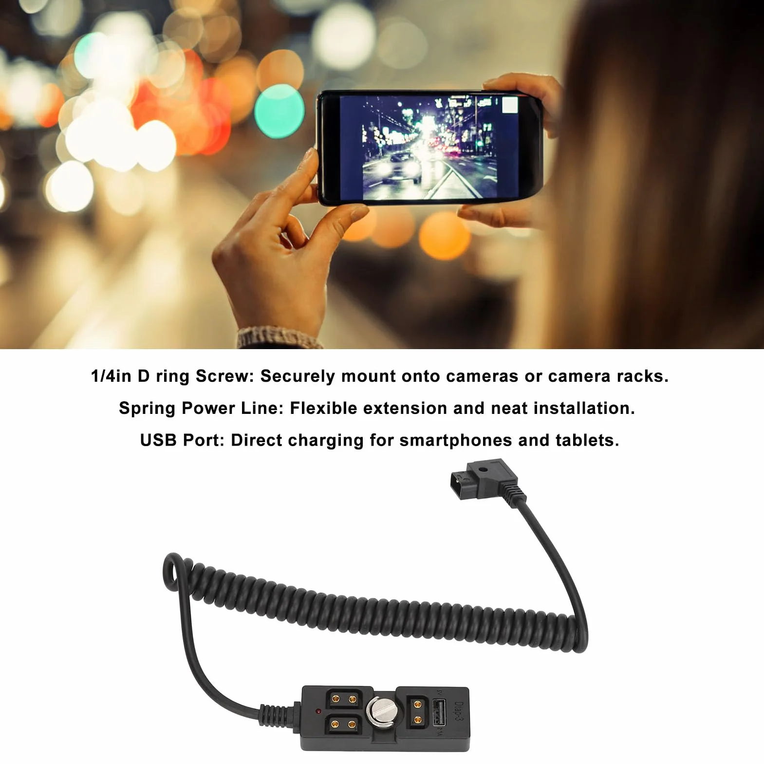 Rozdzielacz D-Tap Męski na 3-portowy żeński Kabel Zasilający ze Wskaźnikiem USB 5 V, Koncentrator Zasilacza D Tap Kompatybilny z Akumulatorem/monitorem z Mocowaniem V