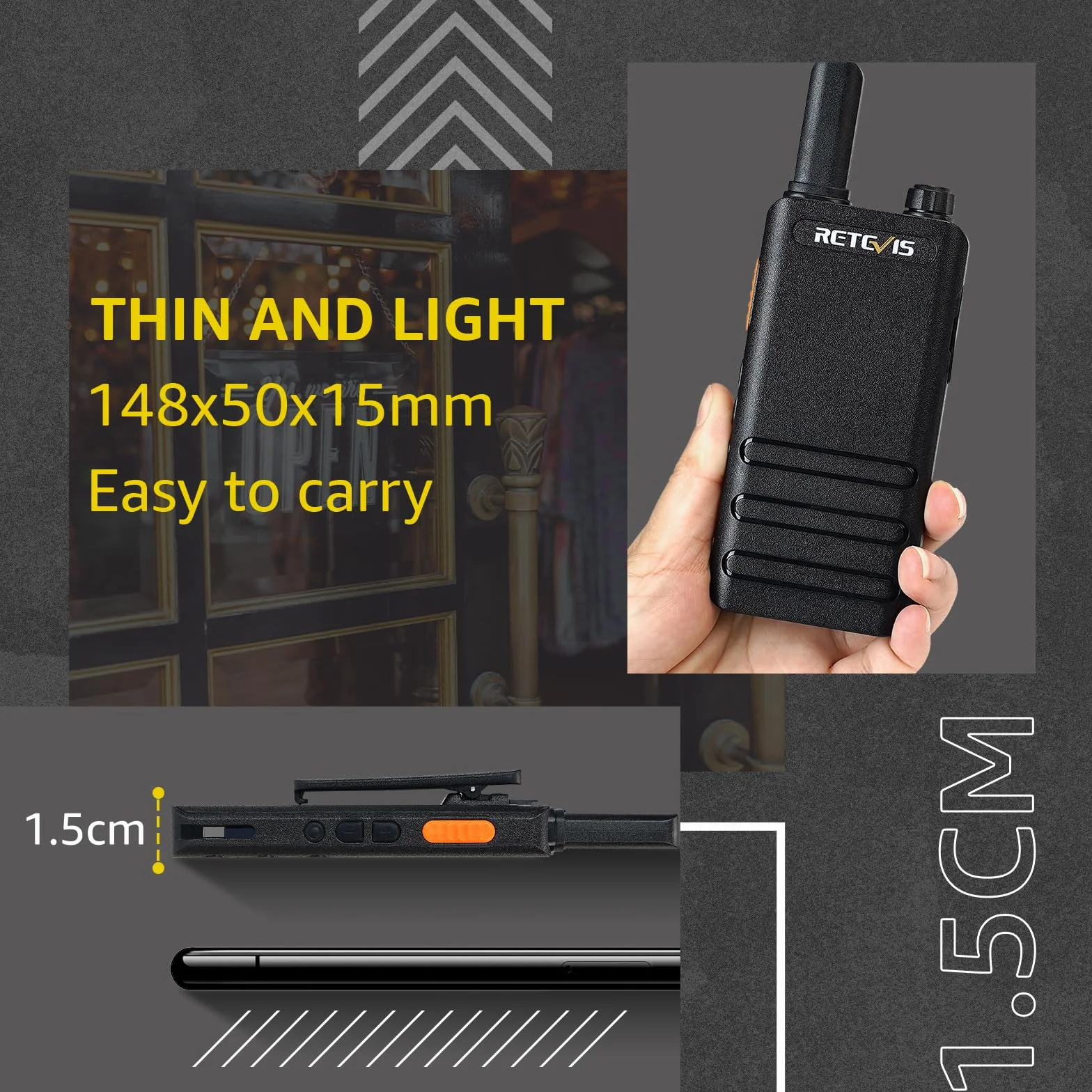 Retevis RT622P Walkie Talkie Mini, 15mm Ultra-cienki, USB-C Akumulator Krótkofalówka 1620mAh Bateria, VOX, Profesjonalna Restauracja Walkie Talkie Przenośne ze Słuchawkami (4 Szt., Czarny)