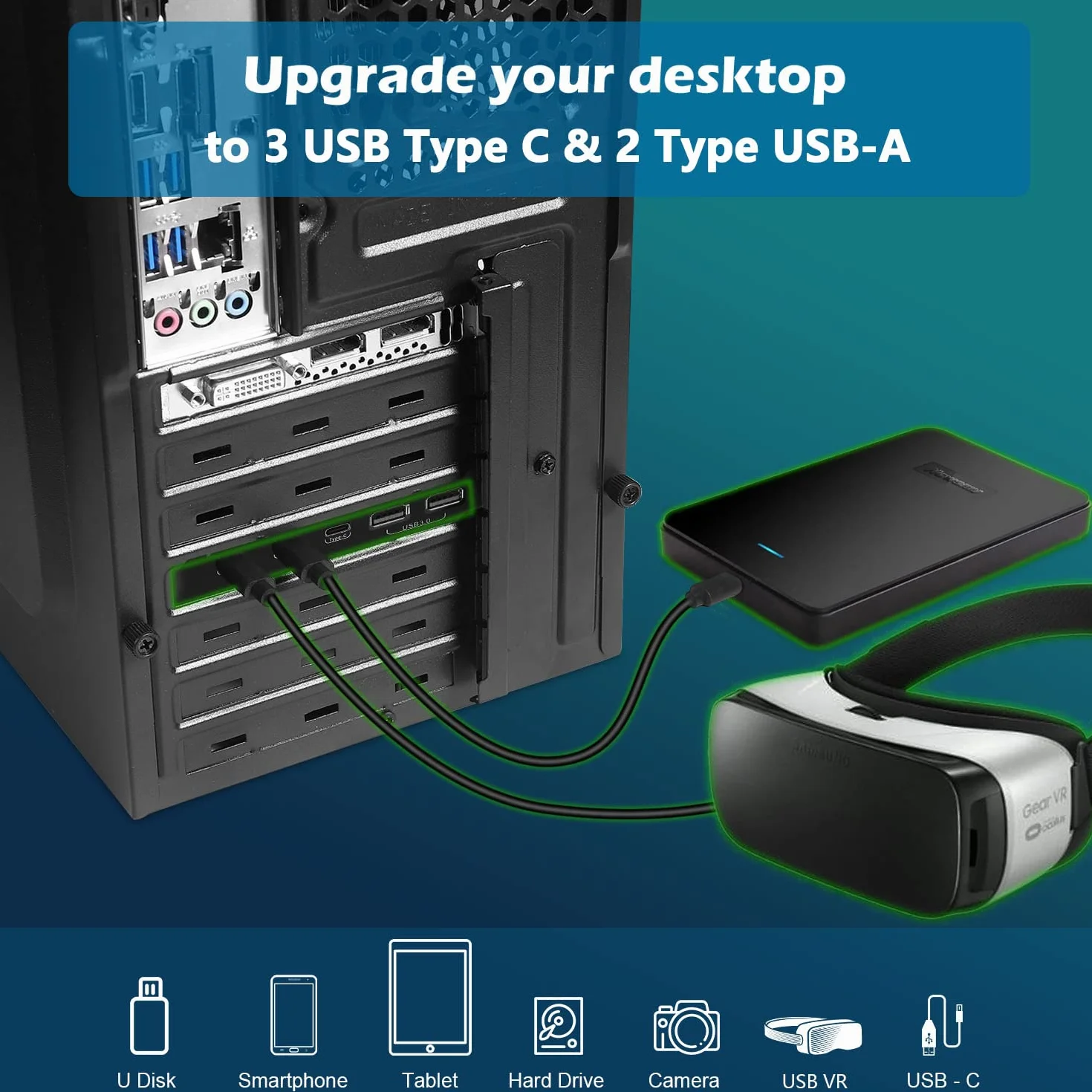 Karta PCIE 5-Portowa (3X USB C, 2X USB 3.0-A) Rozszerzeń PCI Express - Wewnętrzny Hub Dla Komputera Stacjonarnego - Windows 10/8/7 i MAC OS 10.8.2+