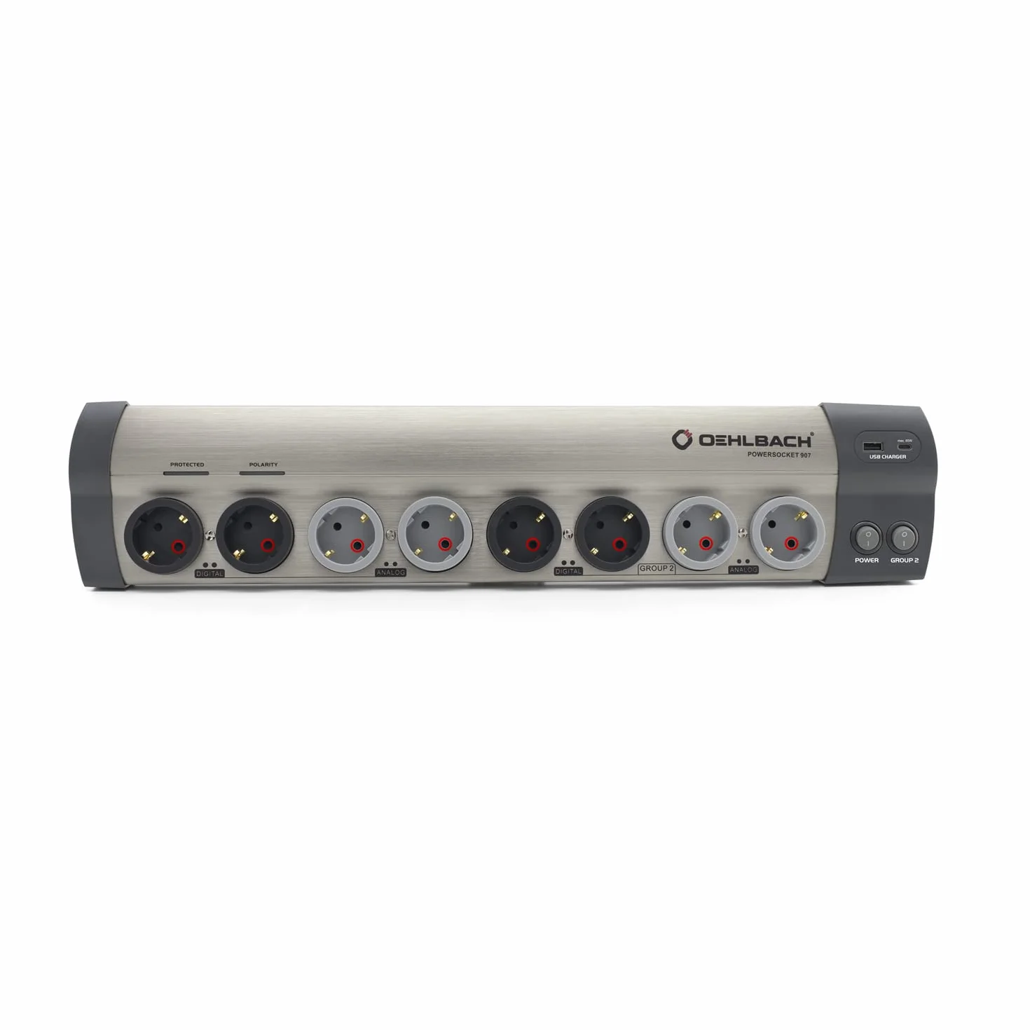 OEHLBACH Powersocket 907 MKII wysokiej jakości listwa zasilająca HiFi z filtrowaniem i ochroną przed przepięciem (2 gniazda USB – ładowarka USB-C 65 W Power i gniazdo USB-A) – szczotkowane aluminium