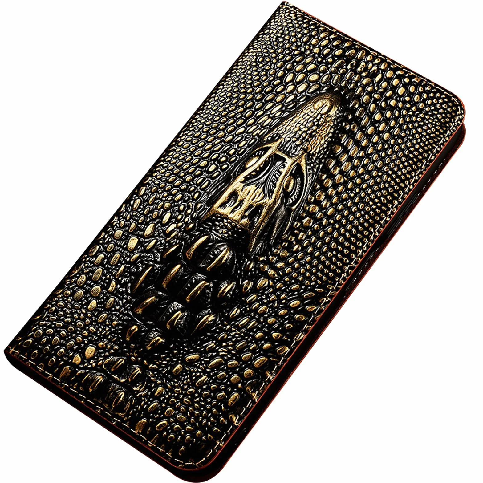Etui z prawdziwej skóry do Huawei Pura 90 Pro Max / 90 Pro / 90, etui z klapką, etui na telefon komórkowy w stylu vintage, biznesowe 3D, wzór główki krokodyla, złote, 90