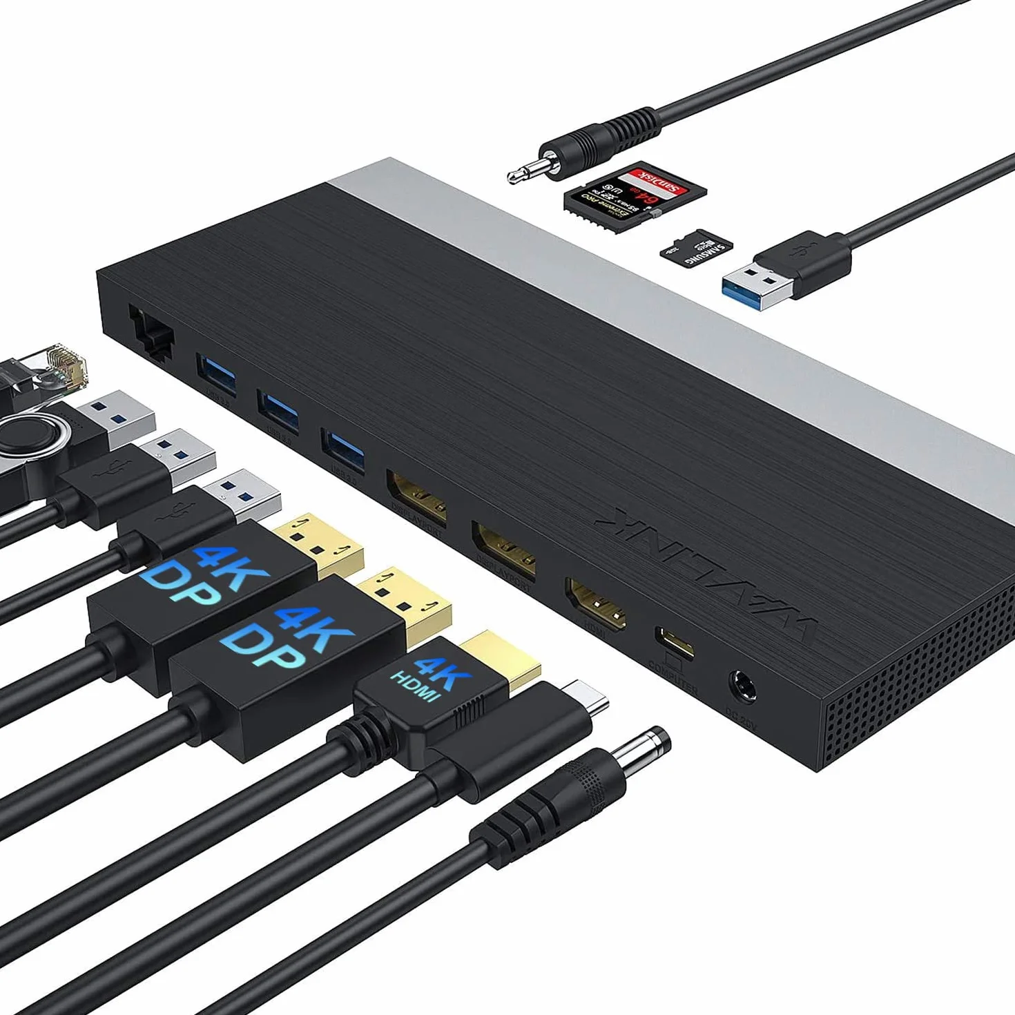 Stacja dokująca Triple Display Hub, stacja dokująca 13 w 1, adapter WAVLINK USB-C z 2 * 4K DP, HDMI, z zasilaczem 100 W (65 W PD) Ethernet, 4 USB3.0, SD/TF, audio, stacja dokująca USB C do HP Dell