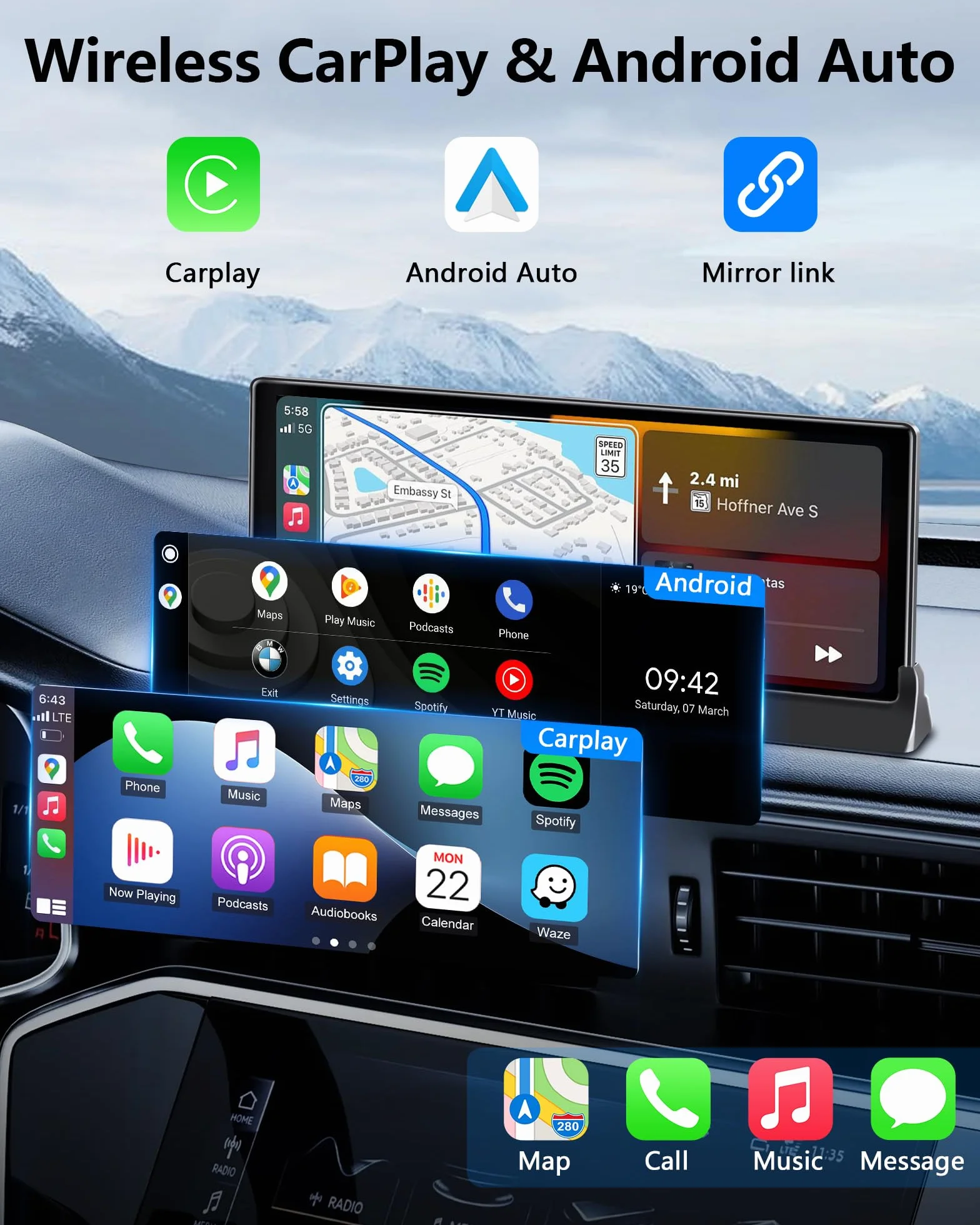 【Ograniczony czas】Ekran do odtwarzania samochodu Apple z ekskluzywnym uchwytem, 25.6 cm, bezprzewodowy CarPlay Android Auto, ekran CarPlay do tabletu samochodowego z nawigacją GPS Siri G-oogle