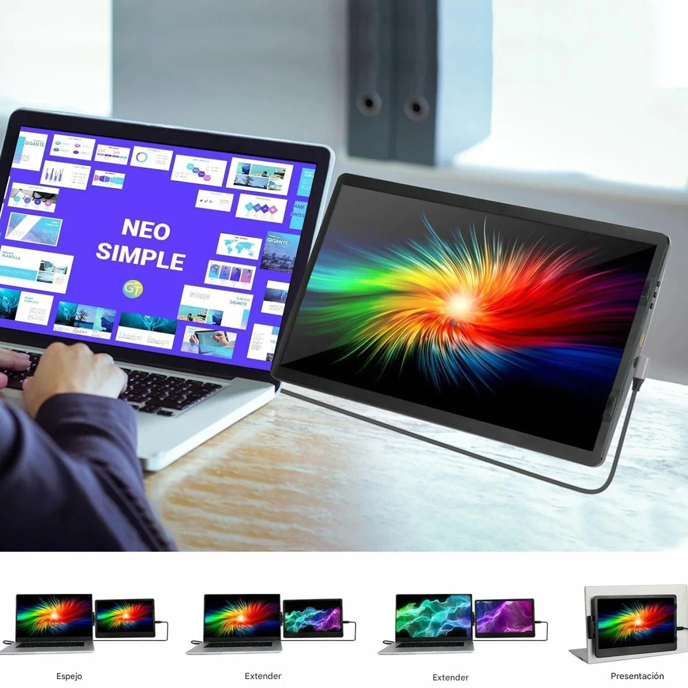 Ekran Rozszerzający Do Laptopa 35,8 cm Ekran Dodatkowy | 1080P Zewnętrzny Monitor Laptopowy z 2 Portami do Konferencji, Biurka, Domu, Gier, Kodowania, Projektowania, Prezentacji