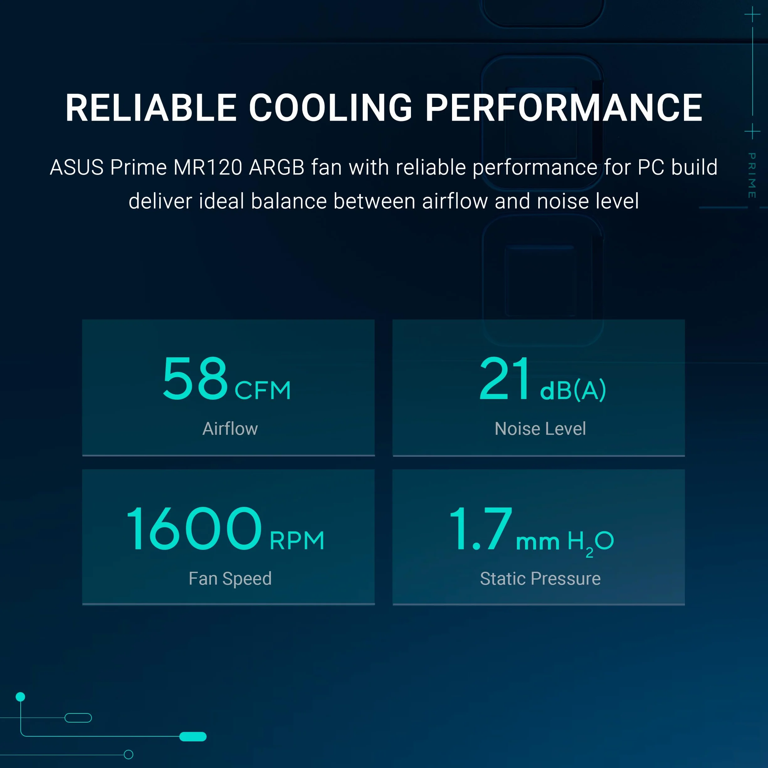 ASUS Prime MR120 ARGB Single Pack White Edition, wentylator PWM 120 mm, 20 LED ARGB, prędkość wentylatora 1600 obr./min, przepływ powietrza 58 CFM, grubość ramy 28 mm, Aura Sync