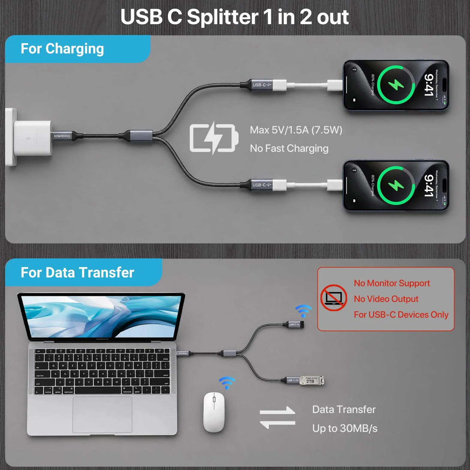 KiWiBiRD Rozdzielacz USB C, 1 męski Typu C do 2 żeńskich adapterów USB C ładowania i przedłużający danych kompatybilny z laptopem Mac PS5 pamiec przenosna klawiatury myszki drukarki