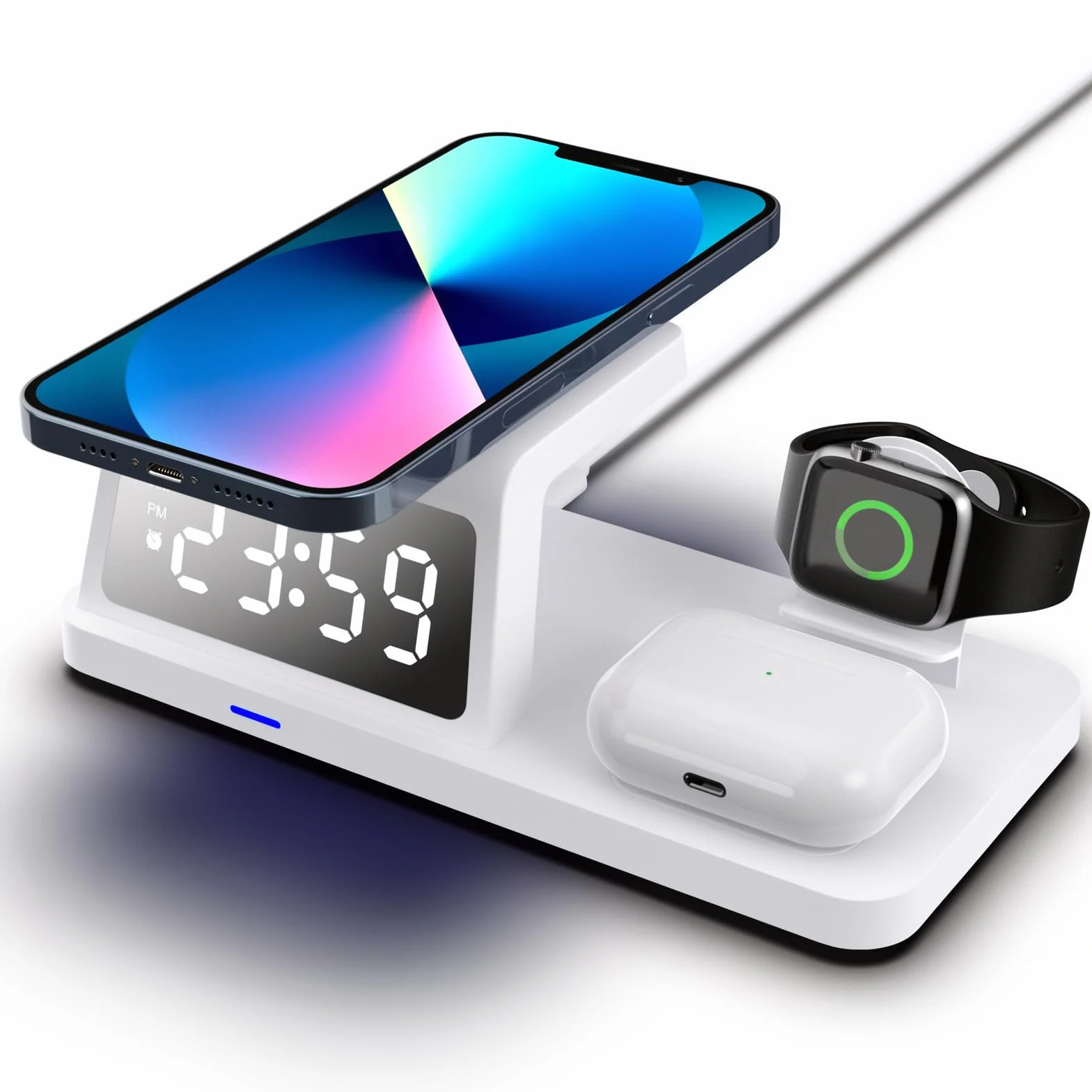 Sxhlseller Bezprzewodowa Stacja ładująca, Stacja Szybkiego ładowania 3 w 1 z Inteligentnym Budzikiem, ładowarka Qi do Smartfonów, Podstawka z ładowarką bezprzewodową (HT-506 Biały)