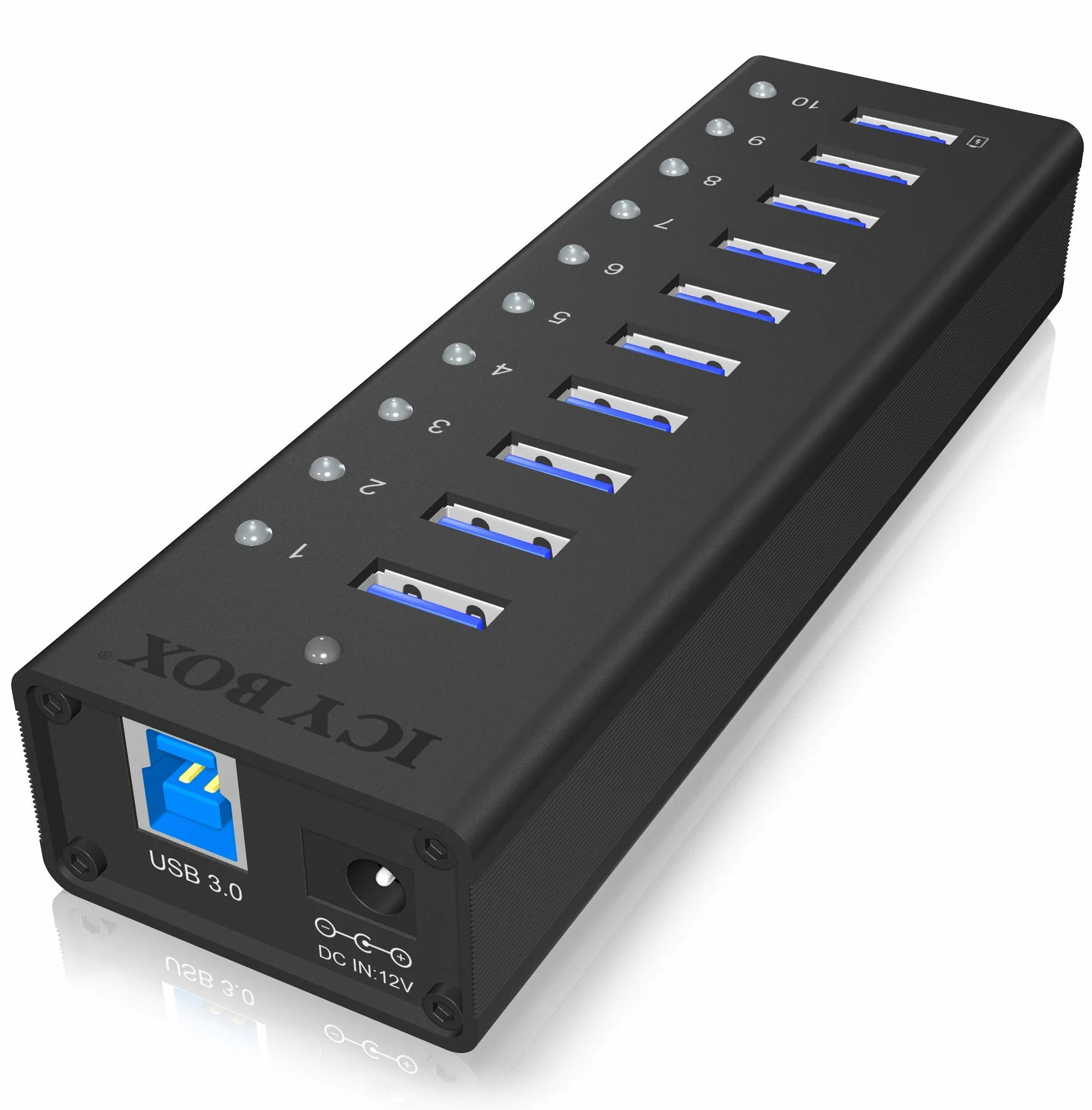 ICY BOX IB-AC6110 10-krotny koncentrator USB 3.0 z zasilaczem (12 V/4 A), port ładowania, w pełni aluminiowy, mocowanie na rzepy, czarny