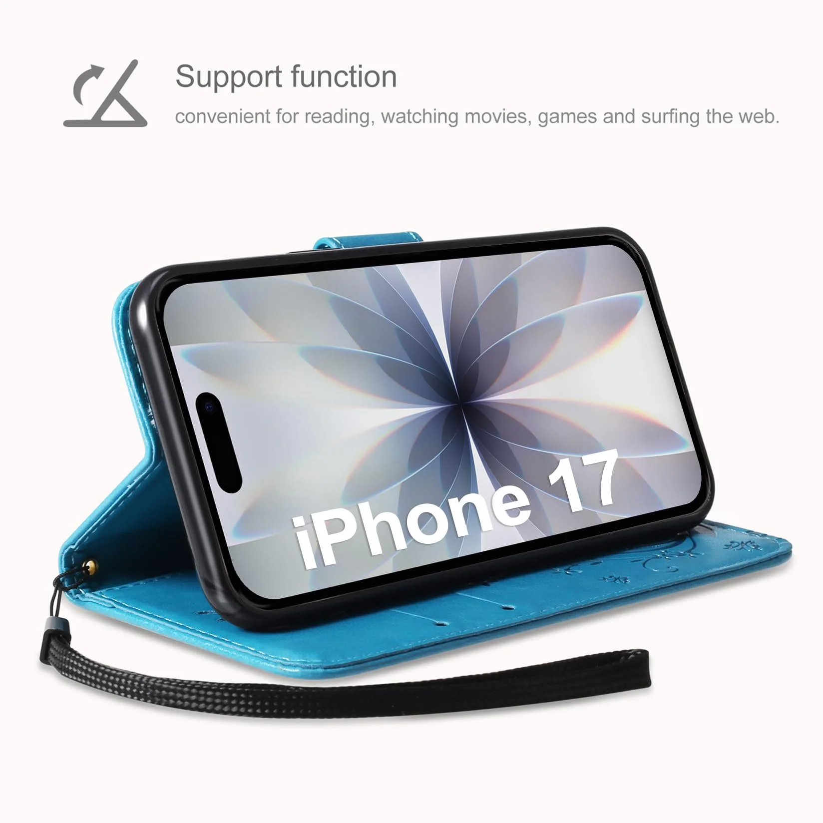 Etui kompatybilne z iPhone 17 z osłoną ekranu ze szkła hartowanego, portfelowe ze skóry PU, składany stojak, magnetyczne, niebieskie