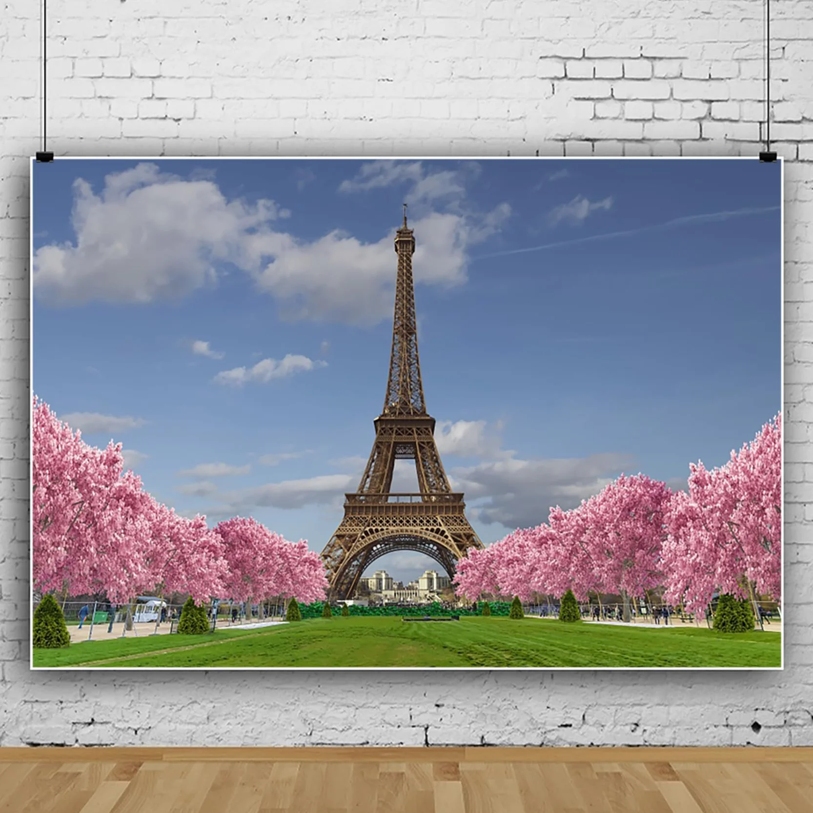 3,7 x 2,4 m Wieża Eiffla tło niebo chmury różowy kwiat wiśni murawa europejska wybitna architektura fotografia tło Paryż impreza dekoracja portret sesja zdjęciowa studio rekwizyty