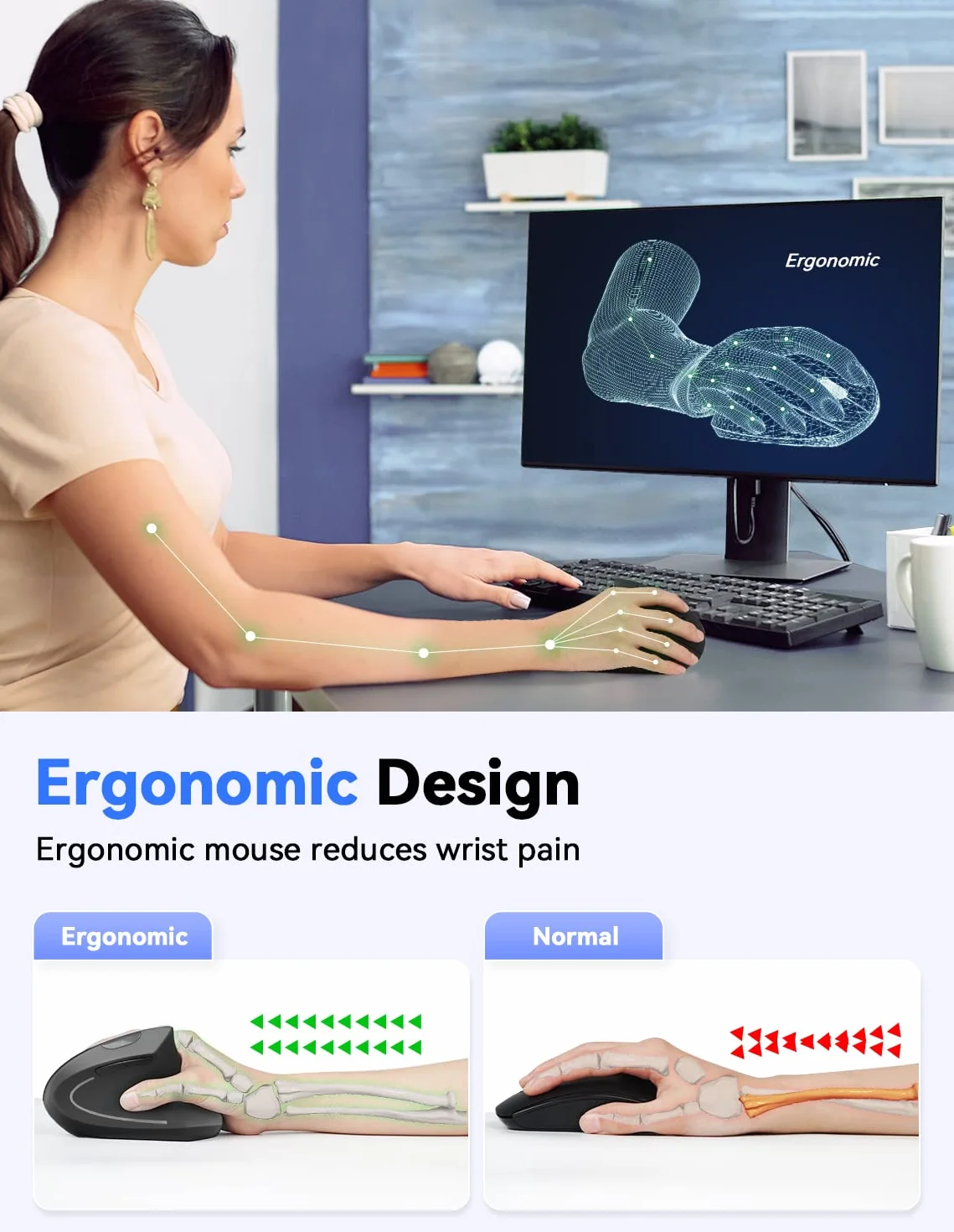 TECKNET Ergonomiczna Bezprzewodowa Mysz Pionowa 4800DPI 6 Przycisków 5 Poziomów DPI 24 Miesiące Baterii Optyczna Czarny