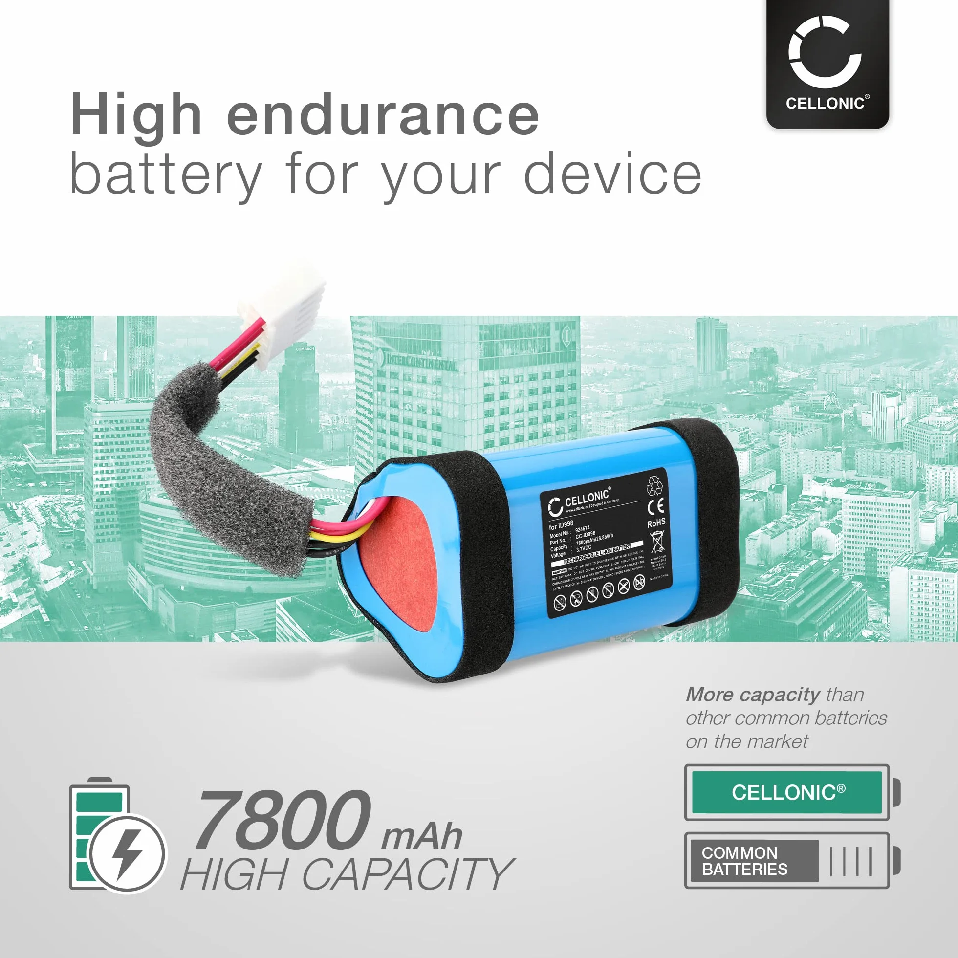 CELLONIC® Zapasowy akumulator 1INR19/66-3, ID998, IAA011NA, SUN-INTE-118 do głośnika JBL Charge 4, bateria 7800 mAh, głośnik