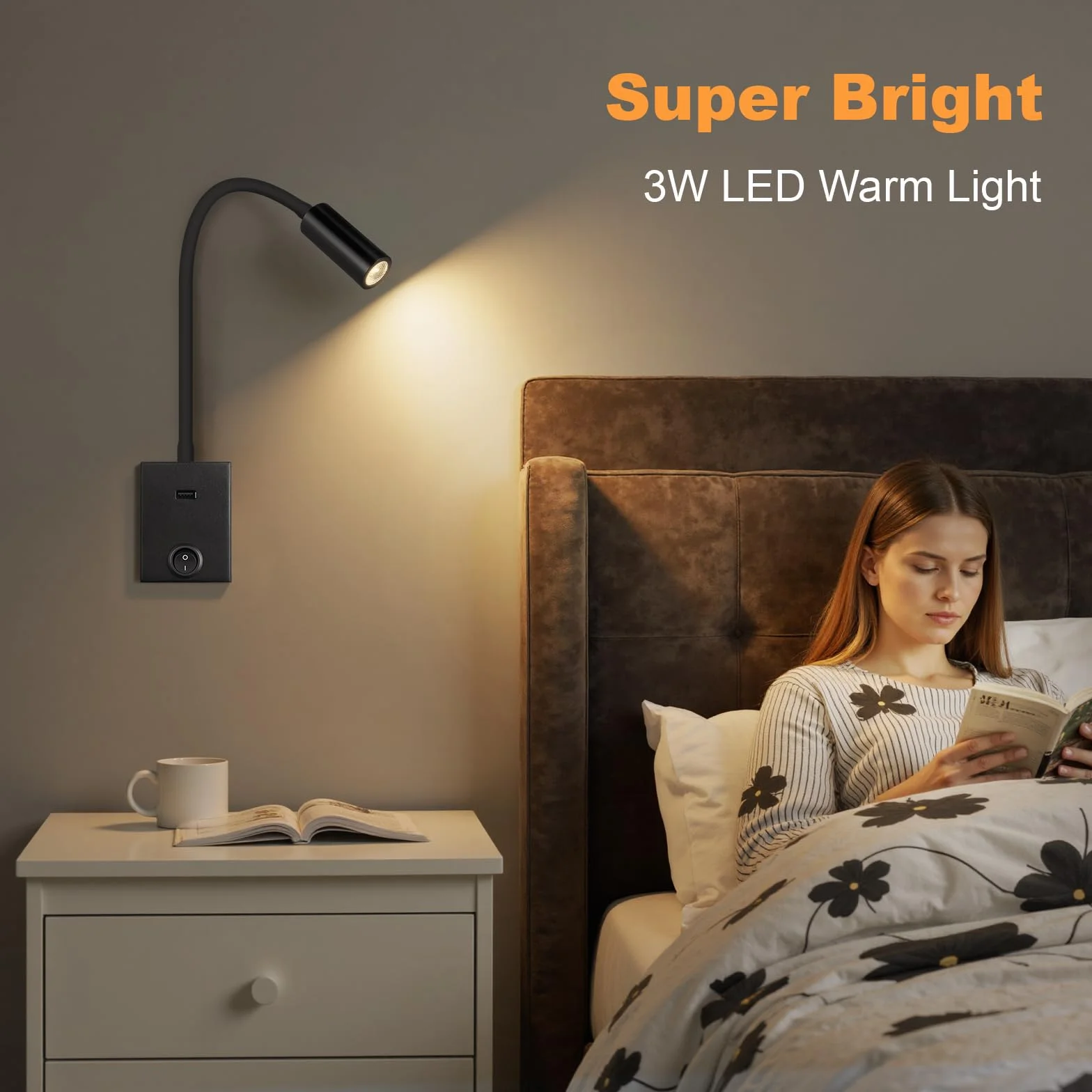 ERWEY LED Lampa ścienna do Czytania, Kinkiet 3W z Elastyczną Szyją 360° i Złączem USB do Sypialni, Ciepłe Białe światło 3000K, Czarny