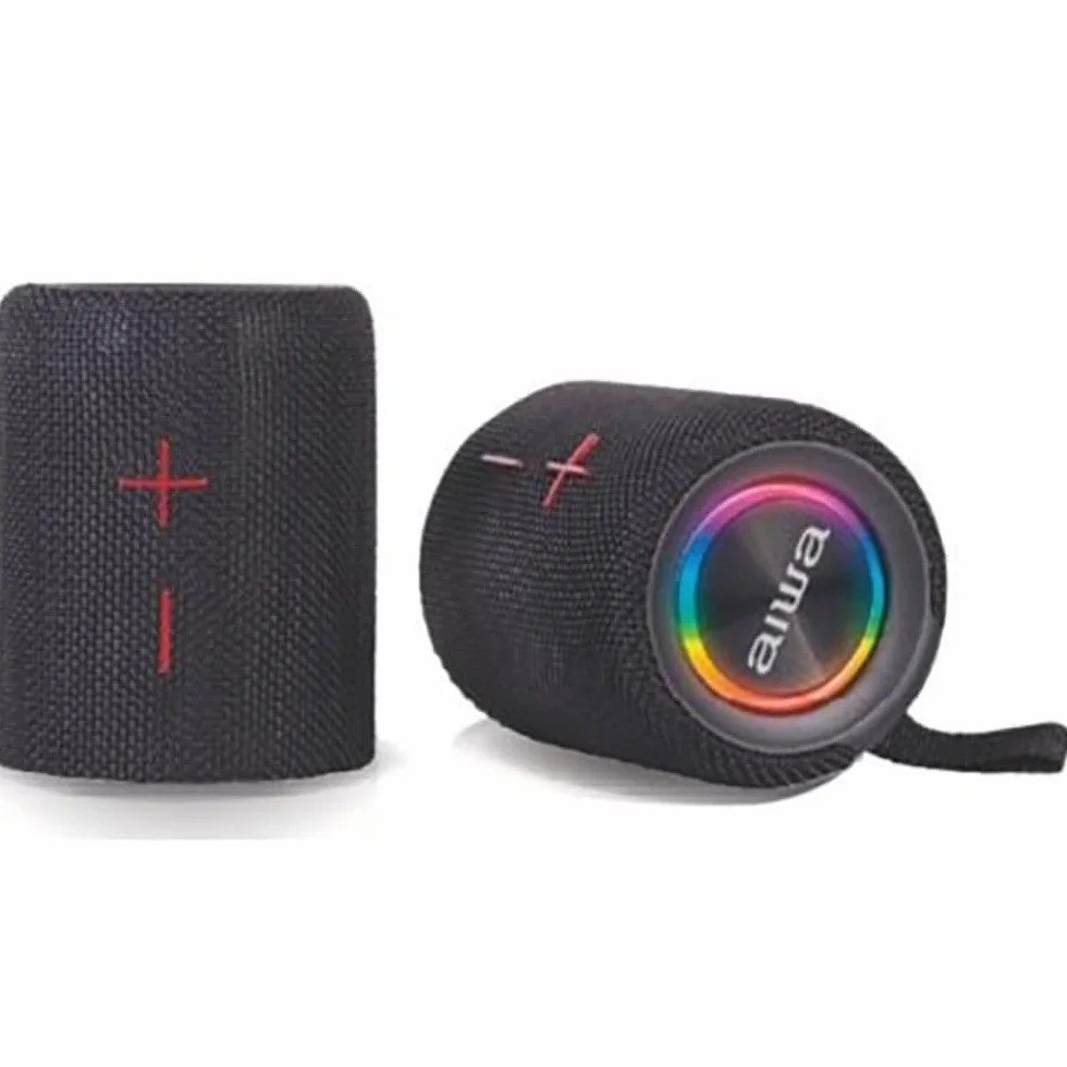 Aiwa BST-250 Odłączany głośnik Bluetooth TWS z pełnym kolorowym oświetleniem RGB, dźwięk stereo 2x10 W, wodoodporny IPX5, akumulator i kompatybilny z systemem Android/iOS. Kolor czarny.