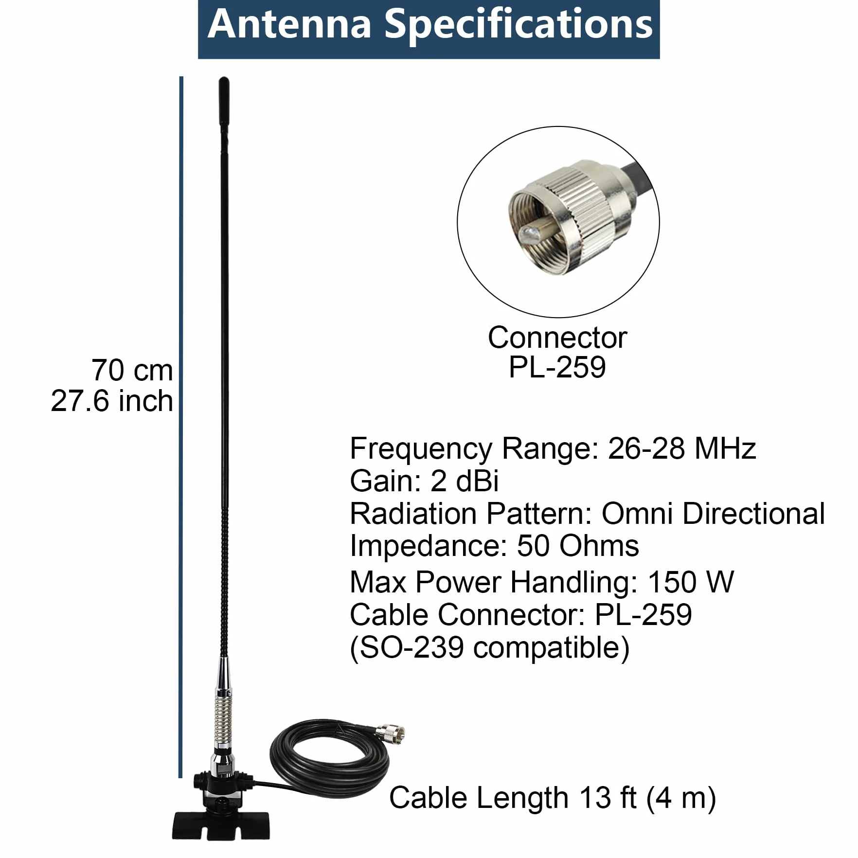 Zestaw anteny radiowej CB 27 MHz z podstawą do montażu na klips, kabel RG-58 o długości 4 m i złączem PL-259 BNC – mobilna antena biczowa dalekiego zasięgu do samochodów osobowych, pickupów