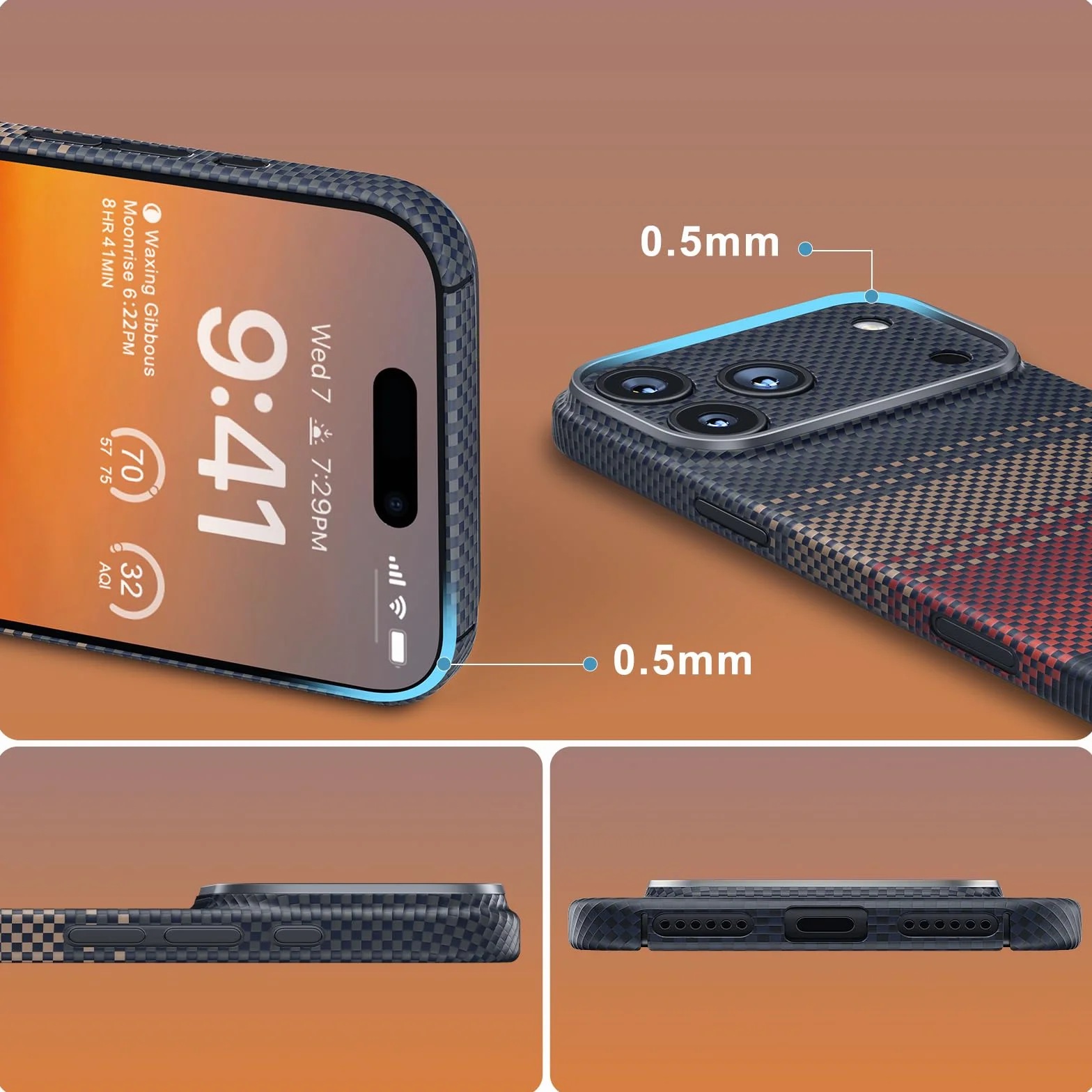 memumi Carbon etui do iPhone 17 Pro Max, 0,5 mm super cienkie, etui z prawdziwego włókna aramidowego,z ochroną przed upadkiem w jakości wojskowej do iPhone 17 Pro Max - Zachód słońca