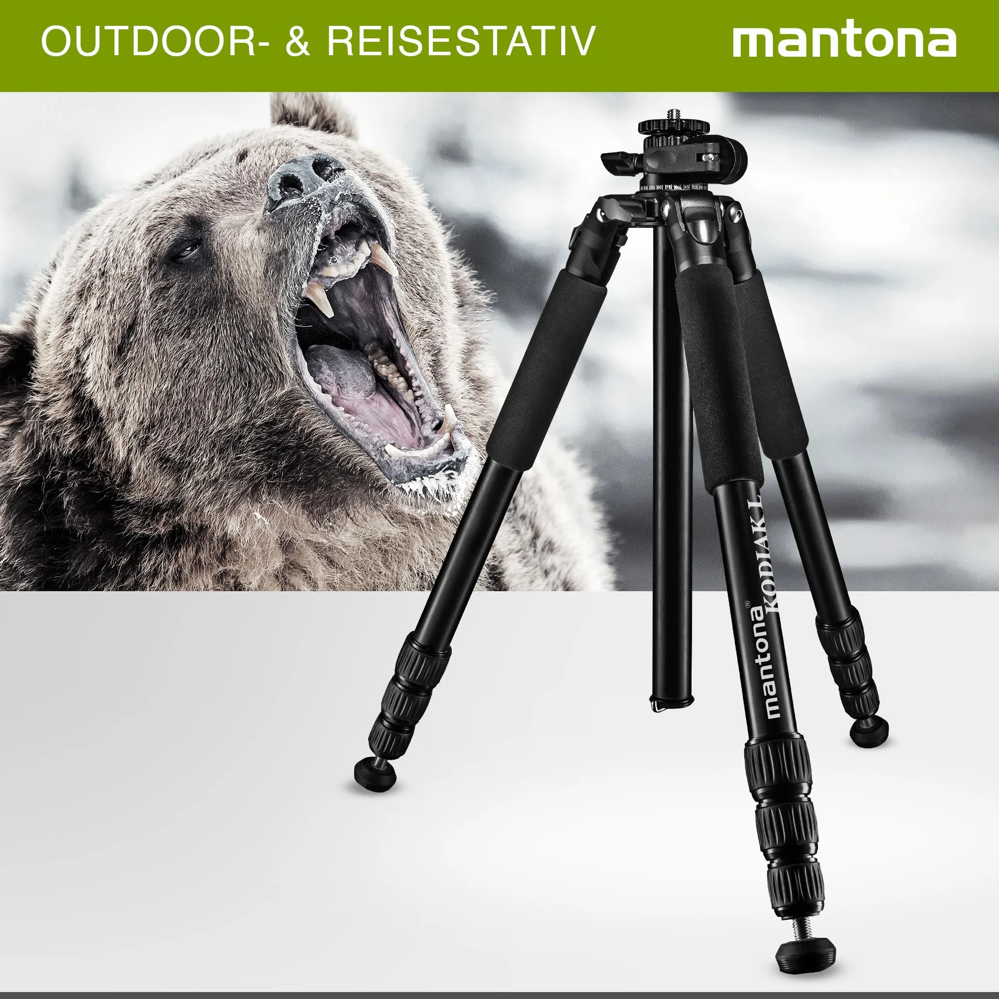 Mantona Kodiak L aluminiowy statyw fotograficzny, stabilny, profesjonalny statyw fotograficzny bez głowicy kulowej, obrotowa, obrotowa kolumna środkowa, kolce, 2. krótka kolumna środkowa, do