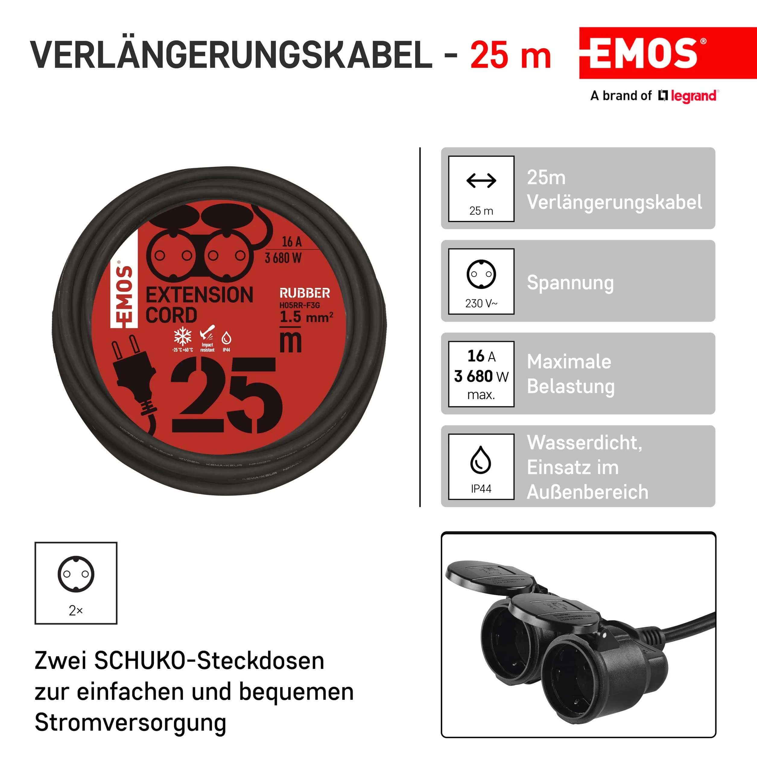EMOS - Przedłużacz IP44 25 m - 2 gniazda Schuko - wodoszczelny, odporny na uderzenia, odporny na wysokie temperatury i zimno - 230 V, 16 A, 3680 W - izolacja gumowa - H05RR-F3G 1,5 mm2 - do użytku na