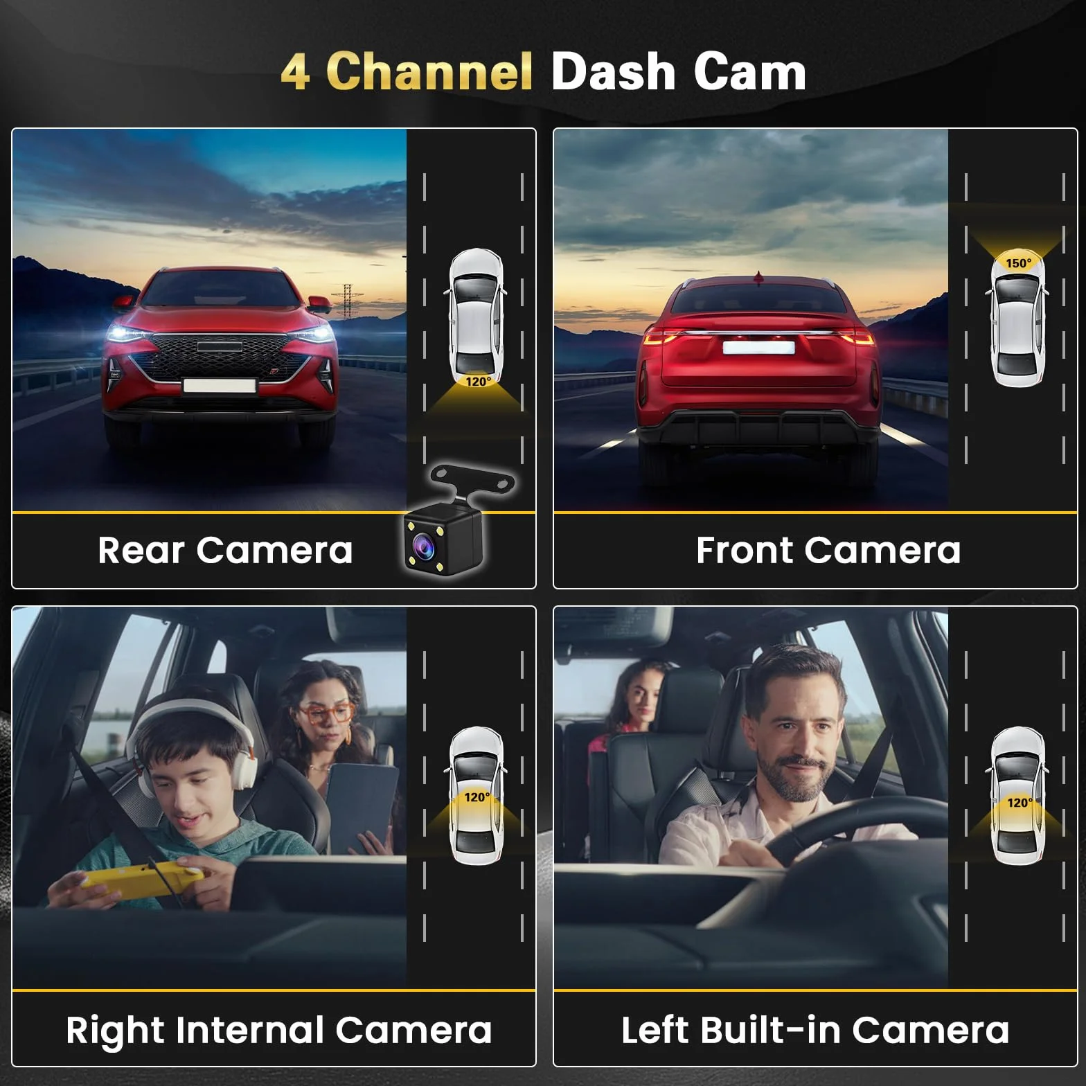 Rejestrator jazdy samochodem Inefala z przednią kamerą HD 1080P z 3 kamerami, kartą SD 64G, 4-kanałowym G-Sensor Nagrywanie w pętli wykrywania ruchu Jazda 24 godziny w trybie parkowania