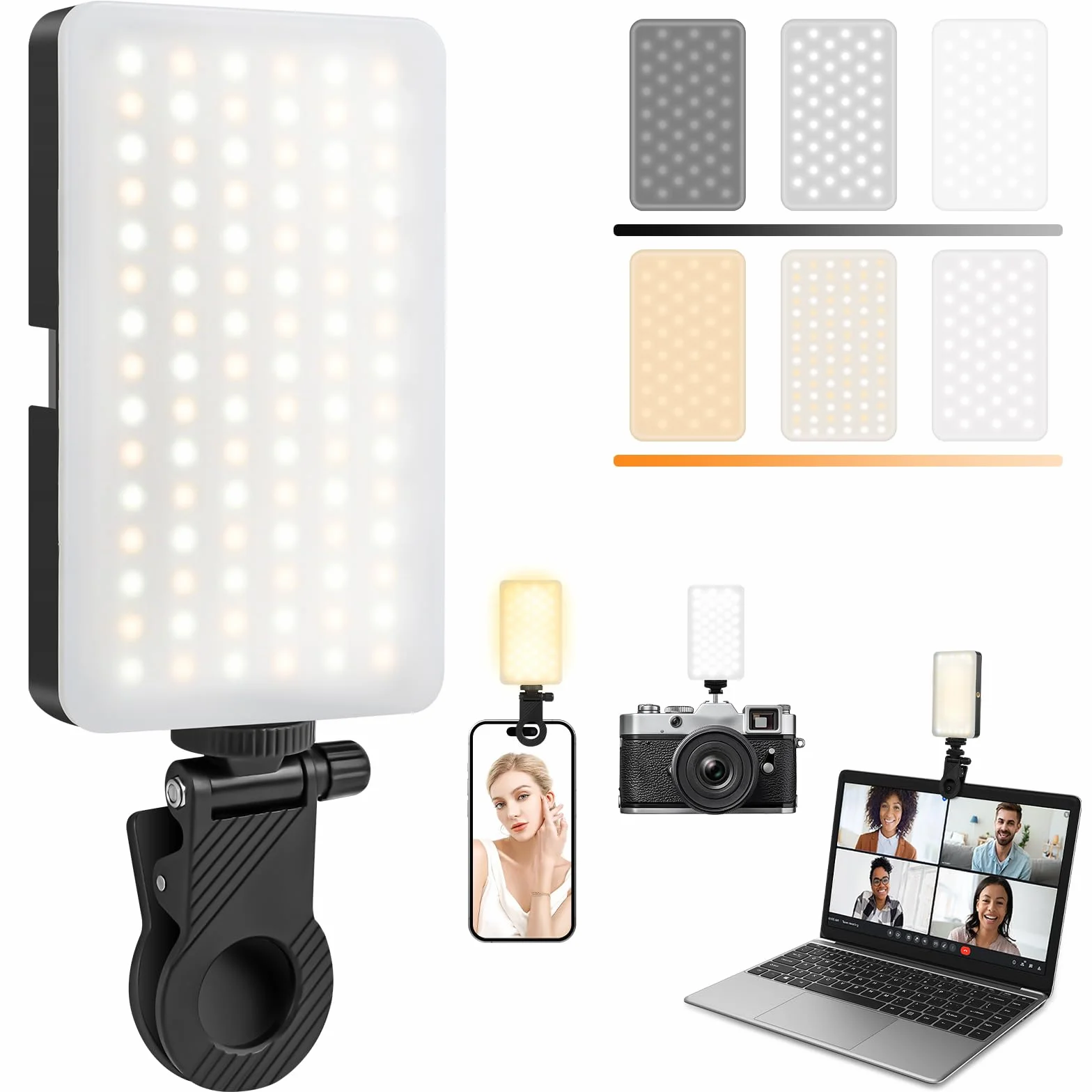 LOPHE 90 LED światło wideo, 3 tryby świecenia i 9 poziomów jasności, 2700 K - 6500 K, do selfie, komórki, tabletu i aparatu, z klipsem i gorącą stopką, do ponownego ładowania, czarne i białe