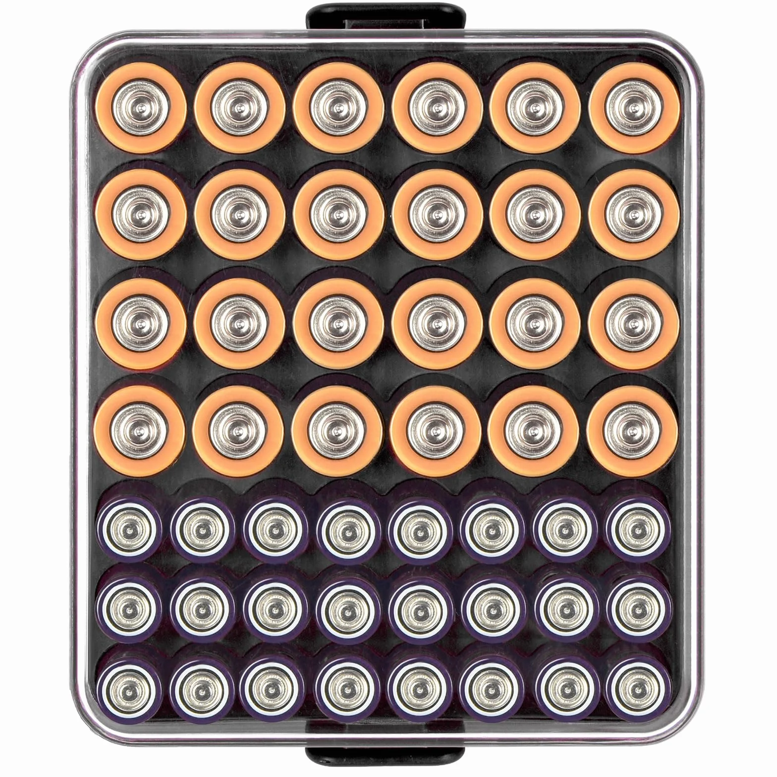 Organizer na baterie, pojemnik na 48 szt. baterii AA AAA, plastikowy, przezroczysty, ochronny uchwyt na baterie do podróży, domu, biura, czarny, rozmiar M