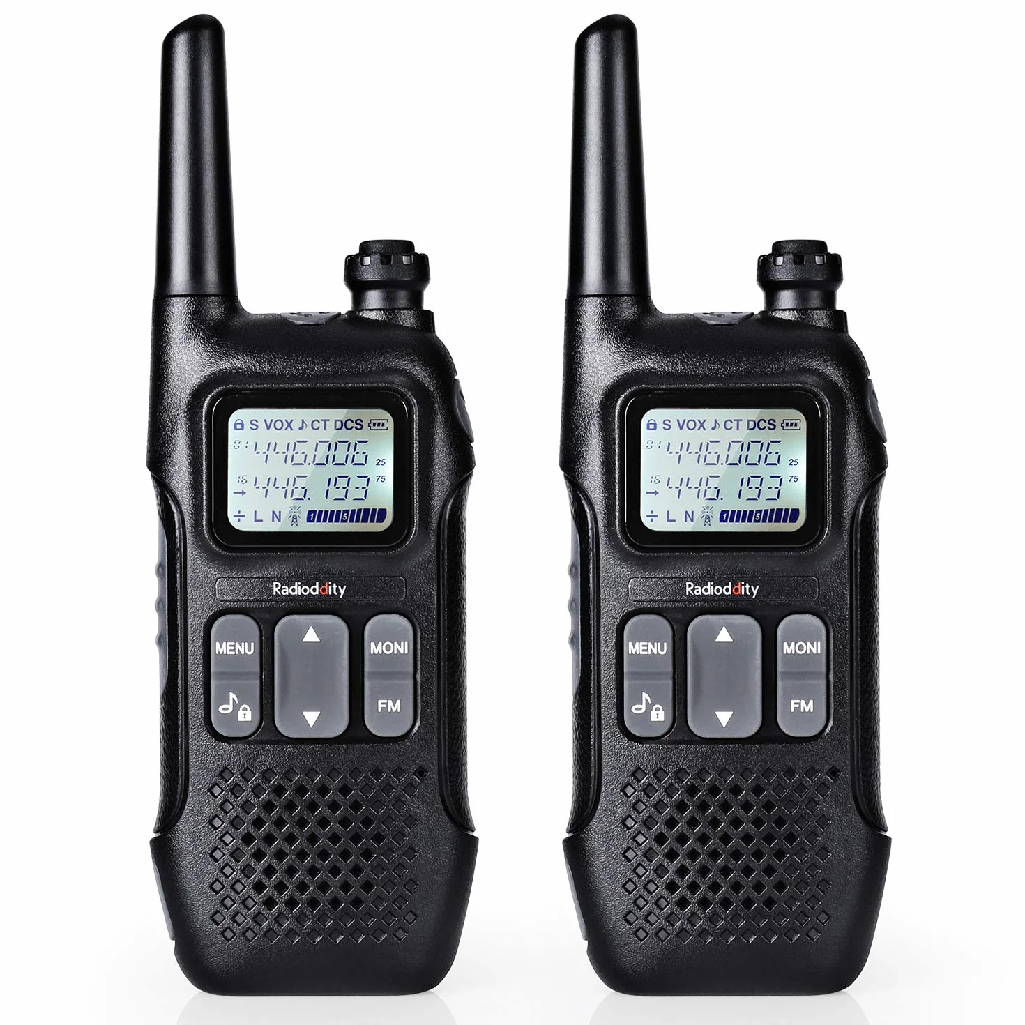 Radioddity PR-T1 PMR446 zestaw 4 krótkofalówek z wyświetlaczem LCD, zasięg 4 km, 16 kanałów, bez licencji, akumulator, kabel USB do ładowania, do aktywności na świeżym powietrzu, na kemping