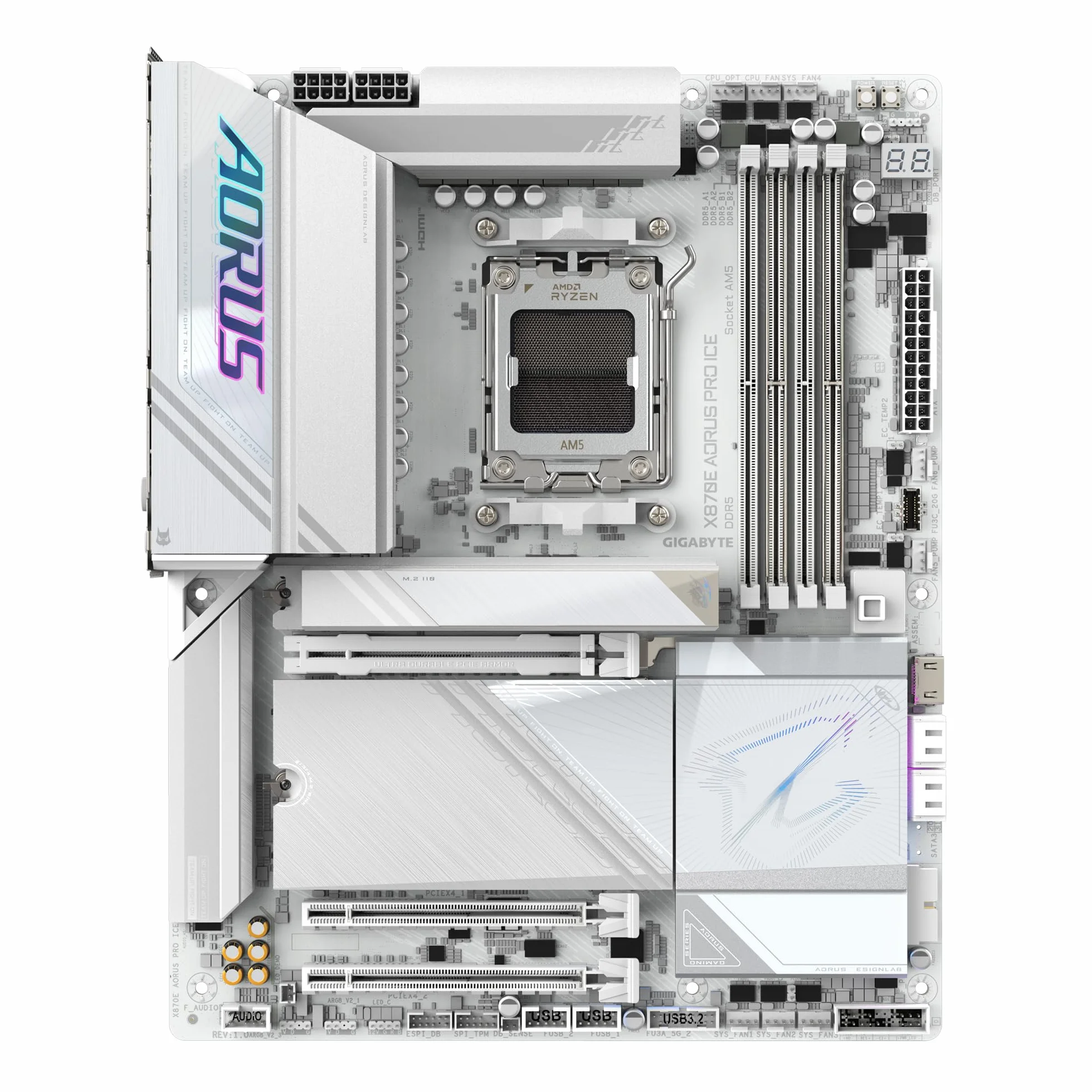Płyta główna GIGABYTE X870E AORUS Pro Ice - kompatybilna z procesorami AMD Ryzen 9000, 16+2+2-fazowy cyfrowy VRM, do 8000 MHz DDR5 (OC), 3xPCIe 5.0, Wi-Fi 7, LAN 2.5 GbE, USB 4
