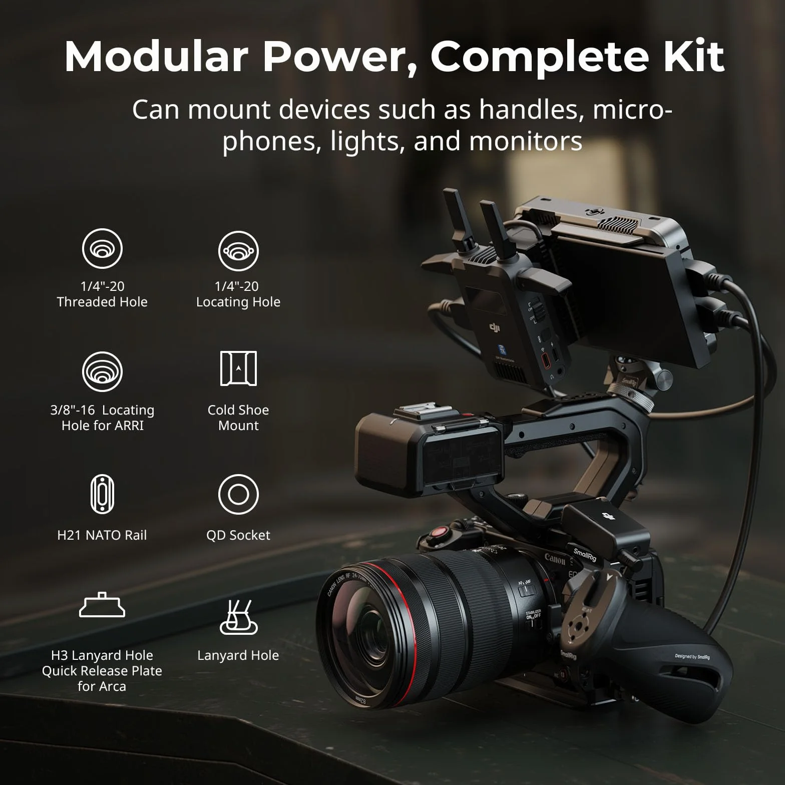 SMALLRIG Zestaw Cage do Canon C50 z przedłużeniem uchwytu XLR, klatką kamerową z mocowaniem na zimną stopkę, zaciskiem kablowym do HDMI, wbudowaną płytką szybkiego montażu do Arca - 5657