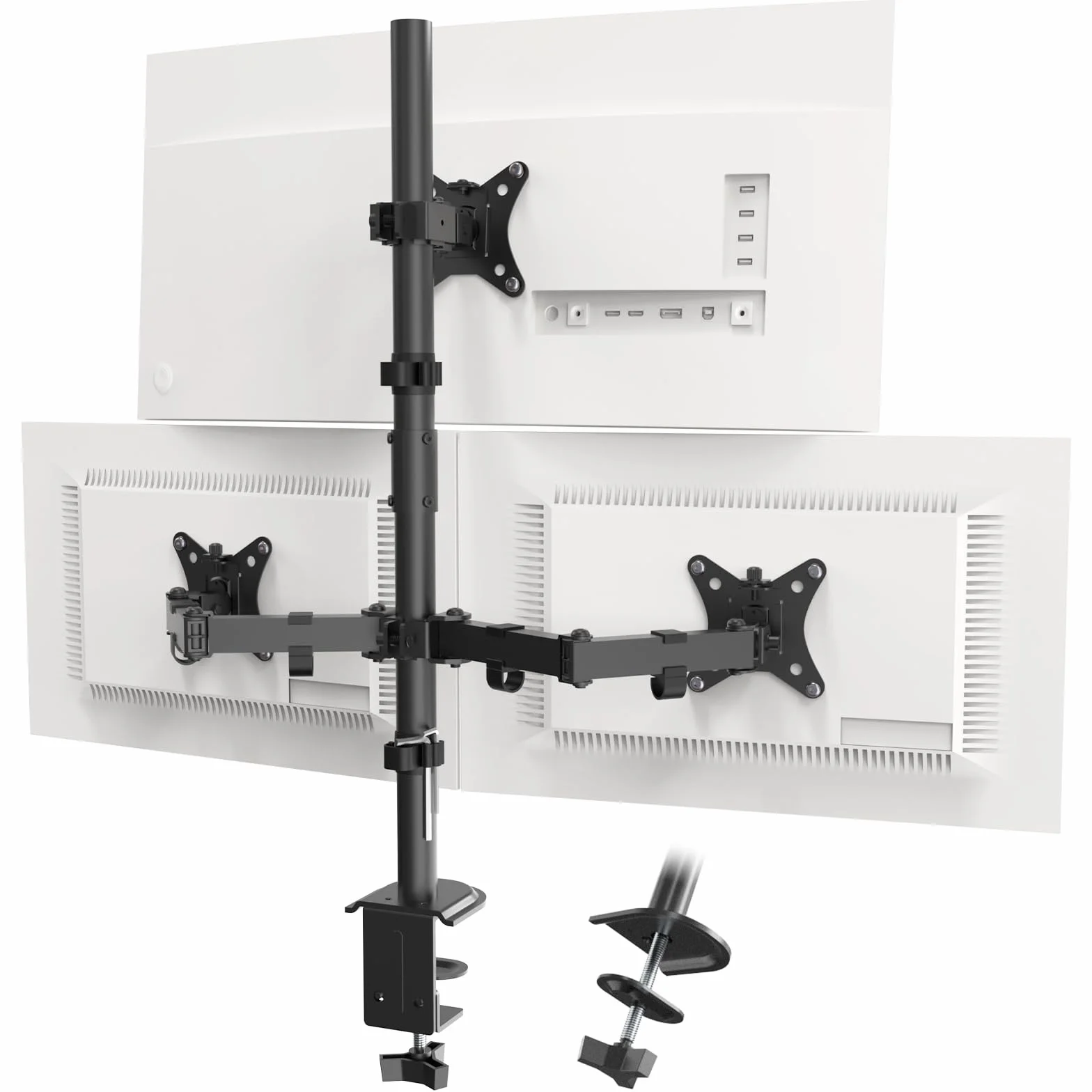 PUTORSEN Potrójne ramię monitora, 77,5 cm wysoki biegun potrójny stojak na monitory 7,6 x 33.0 cm - 32 cale, regulacja wysokości, maksymalne obciążenie 9 kg na ekran, 2 opcje montażu, VESA 75 x 75