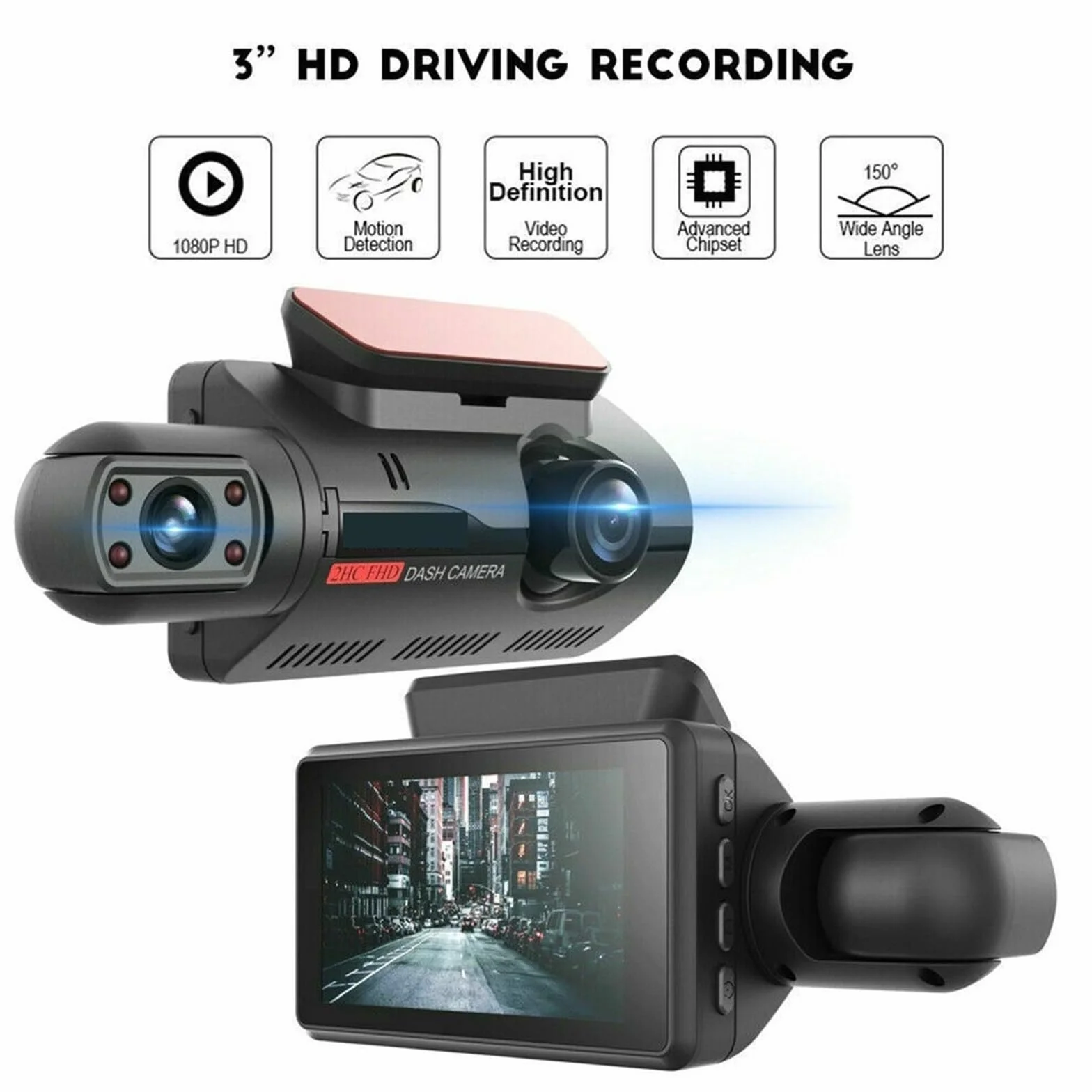 3-calowy rejestrator samochodowy z ekranem IPS HD 1080P noktowizor DVR podwójne nagrywanie Nagrywanie W RozdzielczośCi Ultra Hd