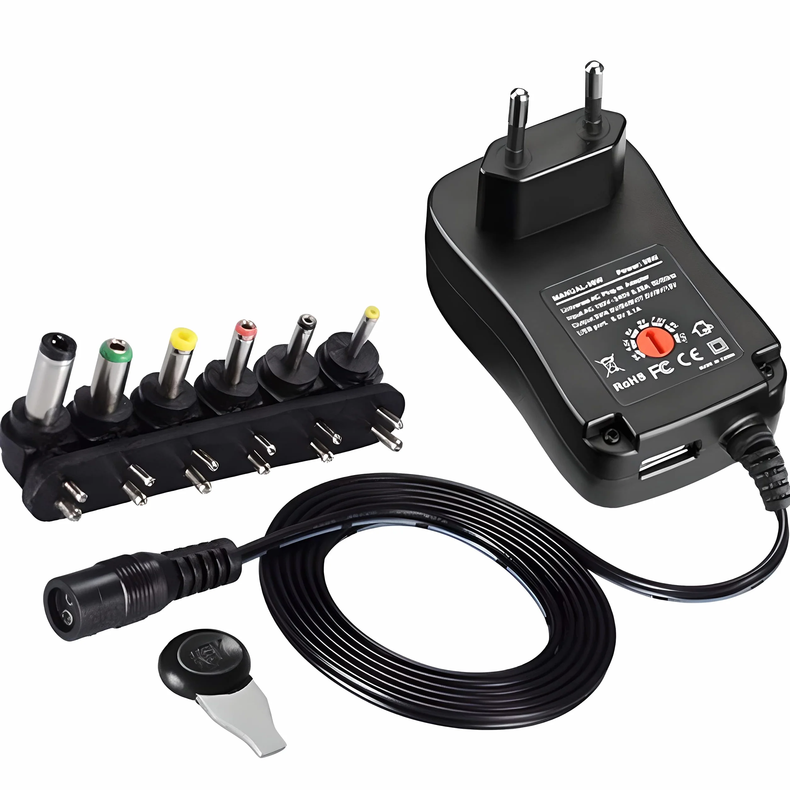 Retoo Uniwersalny zasilacz AC 12 V, uniwersalny zasilacz 30 W, 6 wyjmowanych gniazd, regulowany zasilacz do urządzeń elektronicznych 3-12 V i taśm LED, adapter do