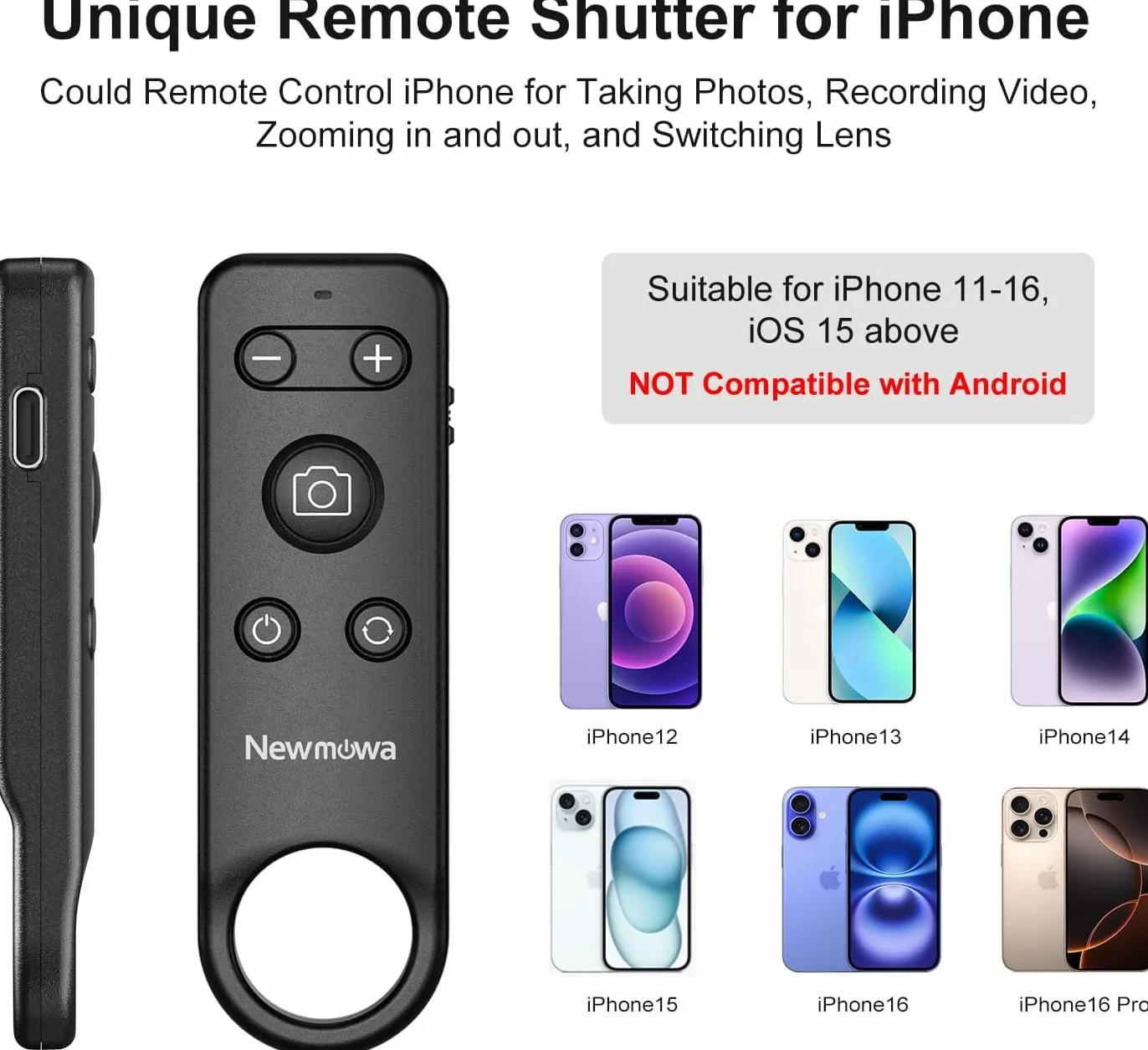 Newmowa Pilot Bluetooth do zdjęć z zoomem dla iPhone (NIE dla iOS 26) | Nagrywanie Wideo/Robienie zdjęć/Przełączanie Kamer akumulatorowy,ładowalny Przenośny Pilot Migawki do Selfie Vlog Podróży
