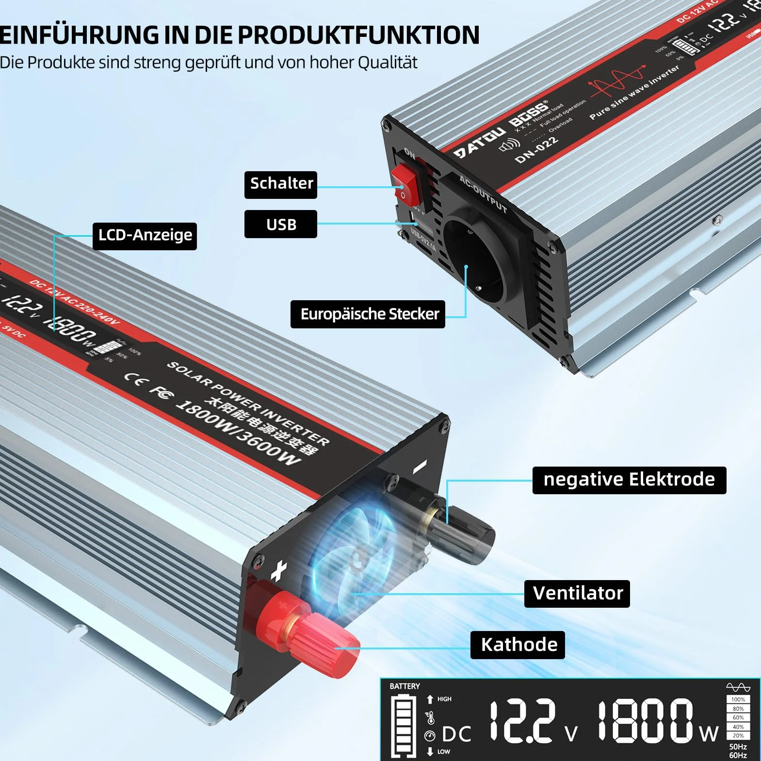 DATOUBOSS Przetwornica napięcia 12 V na 230 V, czysta sinusoidalna przetwornica napięcia 1800 W, moc szczytowa 3600 W z gniazdami UE, portami USB i wyświetlaczem LED, do urządzeń gospodarstwa domowego