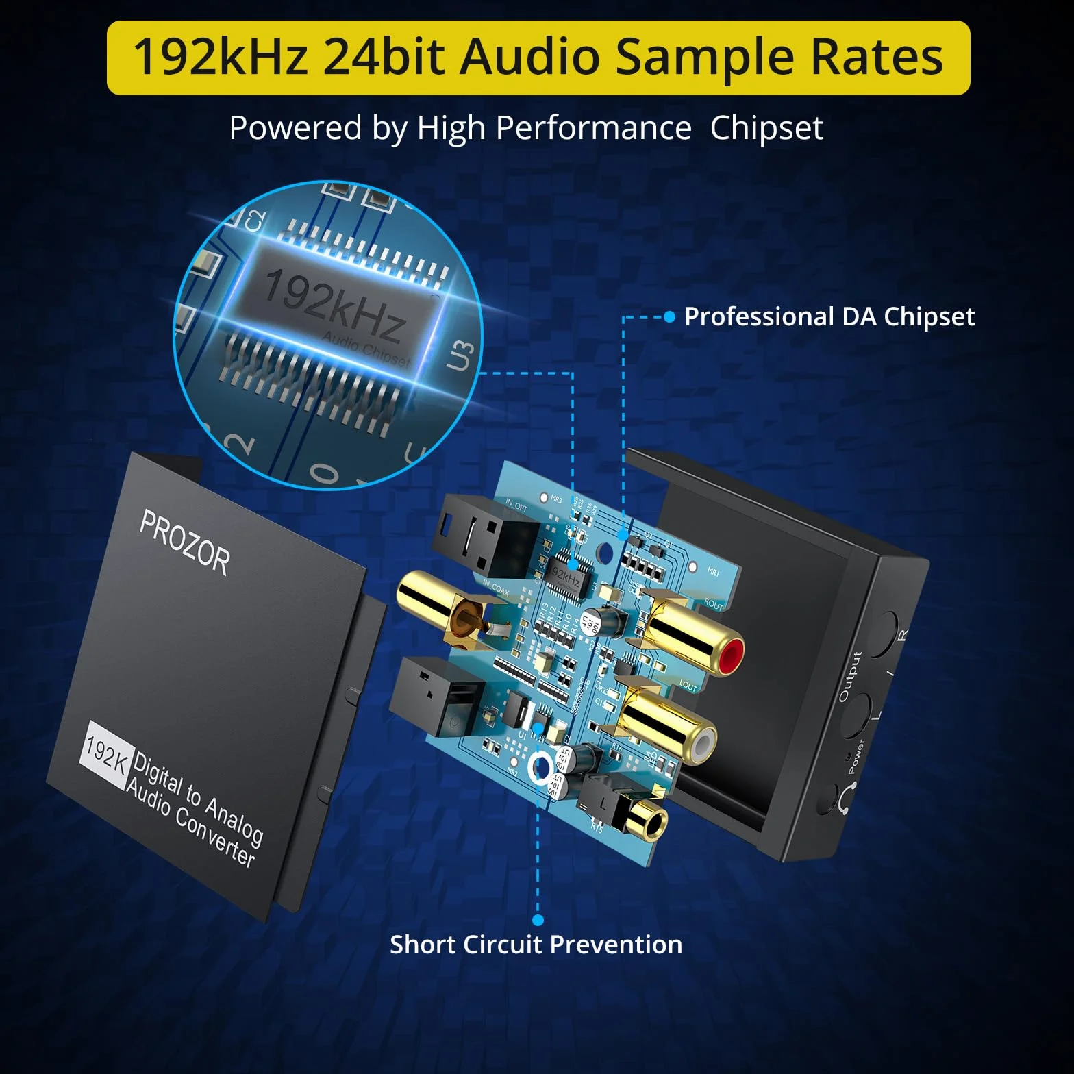 PROZOR DAC001 192 KHz Przetwornik DAC Cyfrowy SPDIF TOSLINK do Analogowego Stereo Audio R/L Czarny