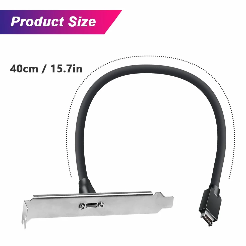 Adapter USB 3.2 Gen 2 USB-C do panelu przedniego, do płyty głównej, żeński USB C do 20 pinów, typ E A-Key męski z uchwytem PCI, 15,7", z siatką odporną na dustproof bok, Screw