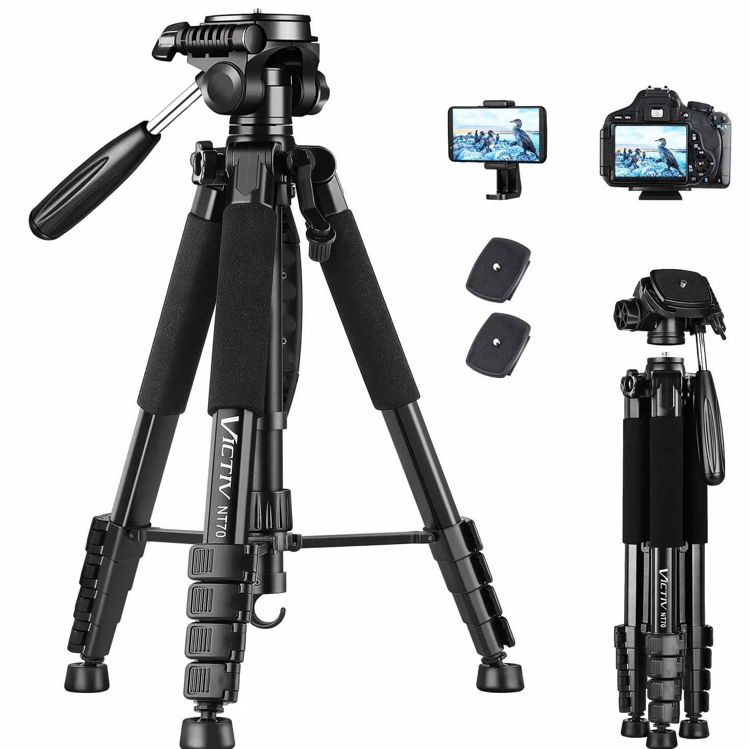 Statyw do aparatu do smartfona, Victiv 185 cm lekki statyw ze stopu aluminium, z wyjmowaną 3-drożną głowicą panelu, kompatybilny z kamerą Canon DSLR Nikon (nowy ulepszony)