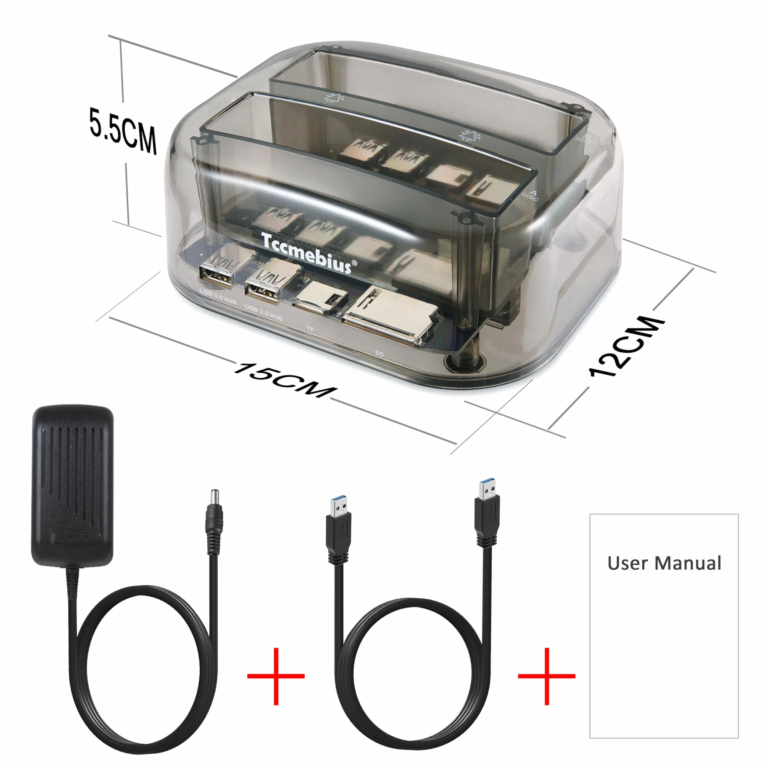 TCC-S865 USB 3.0 do SATA IDE Podwójne Gniazda Zewnętrzna Przezroczysta Stacja Dokująca z Czytnikiem Kart i 2 Portami USB 3.0 Hub Dla 2.5 3.5 Cala IDE SATA I/II/III HDD SSD