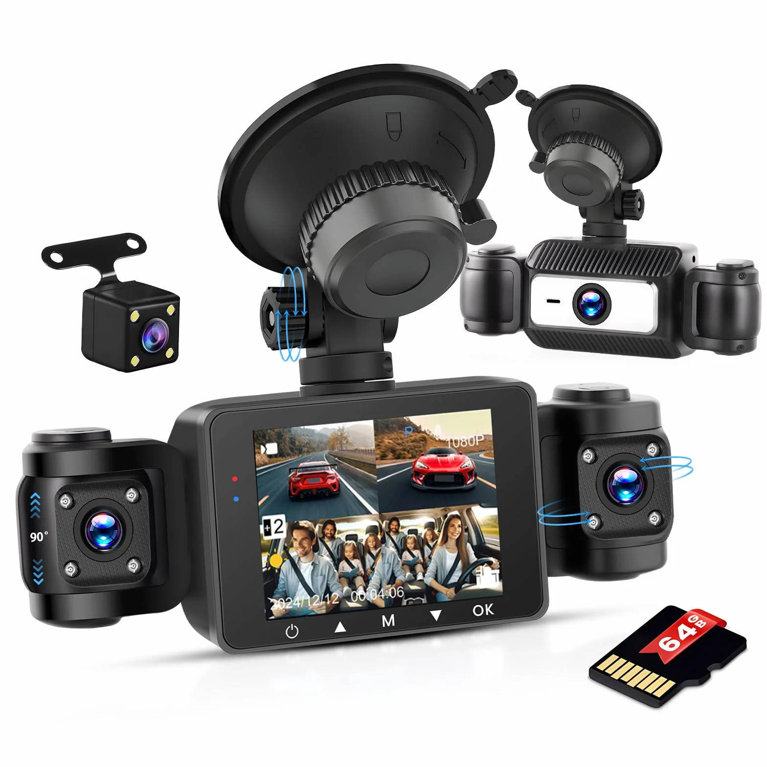Rejestrator jazdy samochodem Inefala z przednią kamerą HD 1080P z 3 kamerami, kartą SD 64G, 4-kanałowym G-Sensor Nagrywanie w pętli wykrywania ruchu Jazda 24 godziny w trybie parkowania
