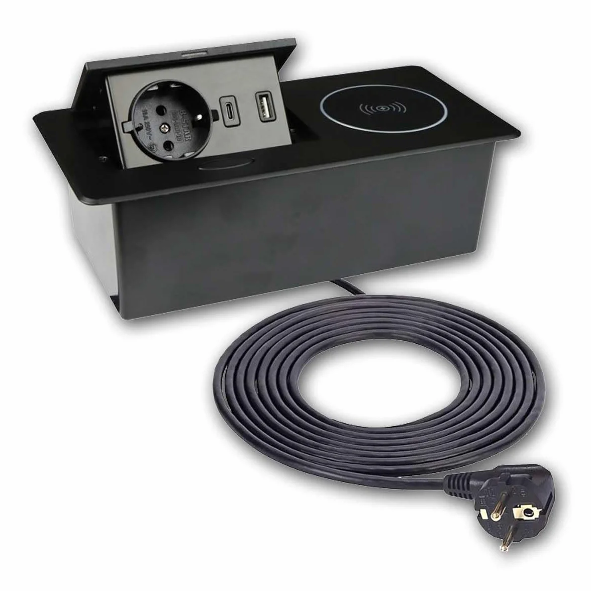 Stołowe gniazdko do zabudowy "ZEOBOX", 1-drożne, 2 x USB, ładowarka Qi, 1 x USB-A i 1 x USB-C, z kablem przyłączeniowym 1,5 m do 230 V